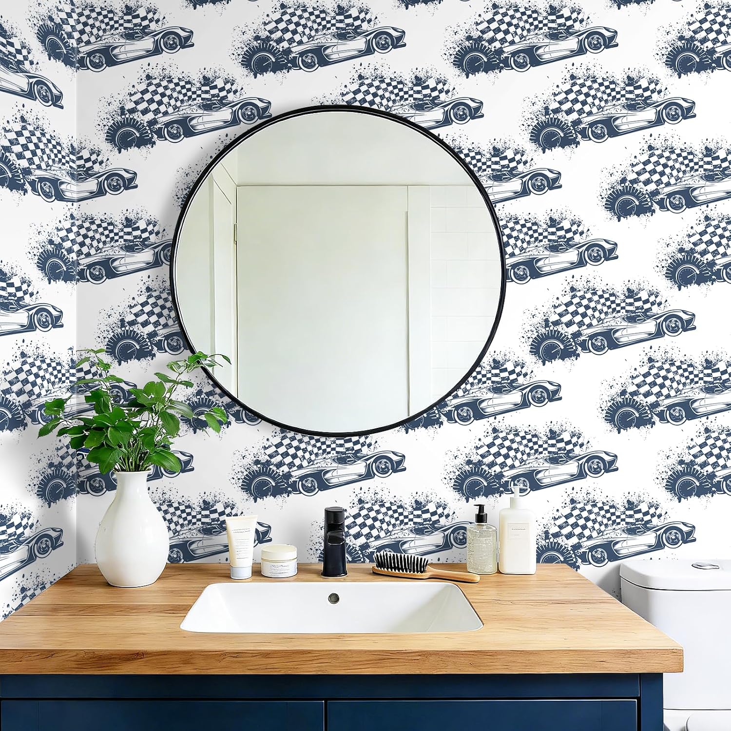 17.5x393 Racing Cars Peel and Stick Wallpaper Boys Room Masculine Navy Blue and White Gamer Wallpaper for Bedroom Playroom Renter Friendly Vintage Cars Contact Wall Paper Gaming Checkered