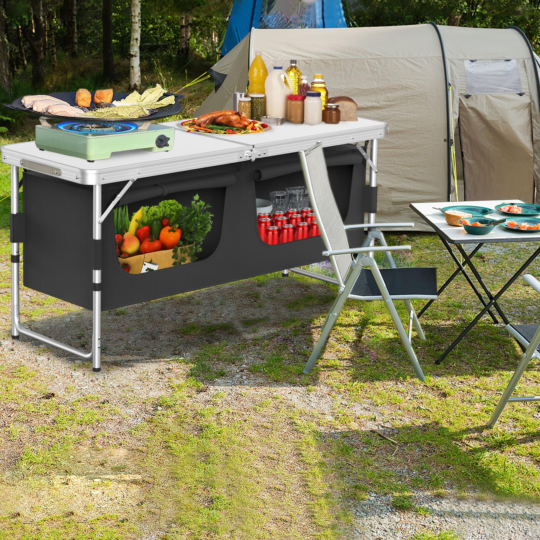 Campingschränke Outdoor Faltbare Campingküche aus Aluminiumgestell, Waschbare Oxford-Stoff & 5mm Dicke MDF Platten Mobiler Zeltschrank Küchenbox mit Tragtasche für Reise Strand Camping