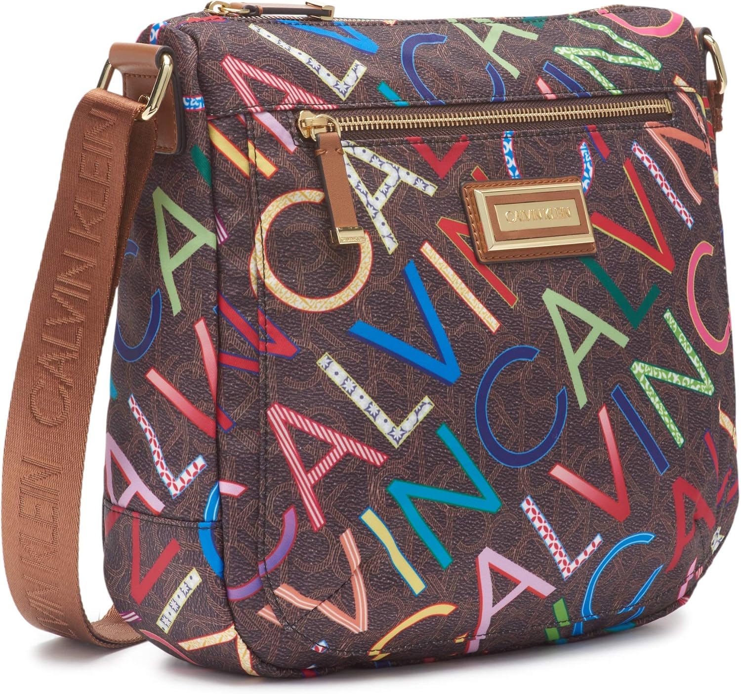 Calvin Klein womens Belfast Nylon Top Zip Messenger Crossbody, Brown Multi Logo, One