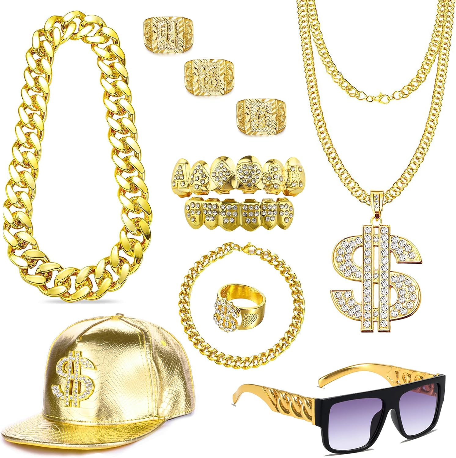 80 90s Hip Hop Costume Outfit Kit Fake Golden Chain Dollar Sign Cap CZ Grillz Teeth Rapper Accessories Set