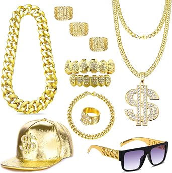 MEDOJO 80 90s Hip Hop Costume Outfit Kit Fake Golden Chain Dollar Sign Cap CZ Grillz Teeth Rapper Accessories Set