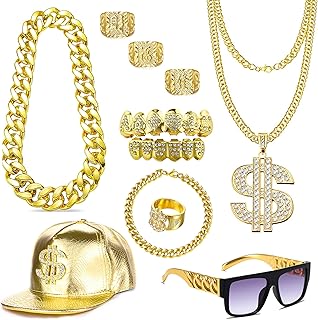 80 90s Hip Hop Costume Outfit Kit Fake Golden Chain Dollar Sign Cap CZ Grillz Teeth Rapper Accessories Set