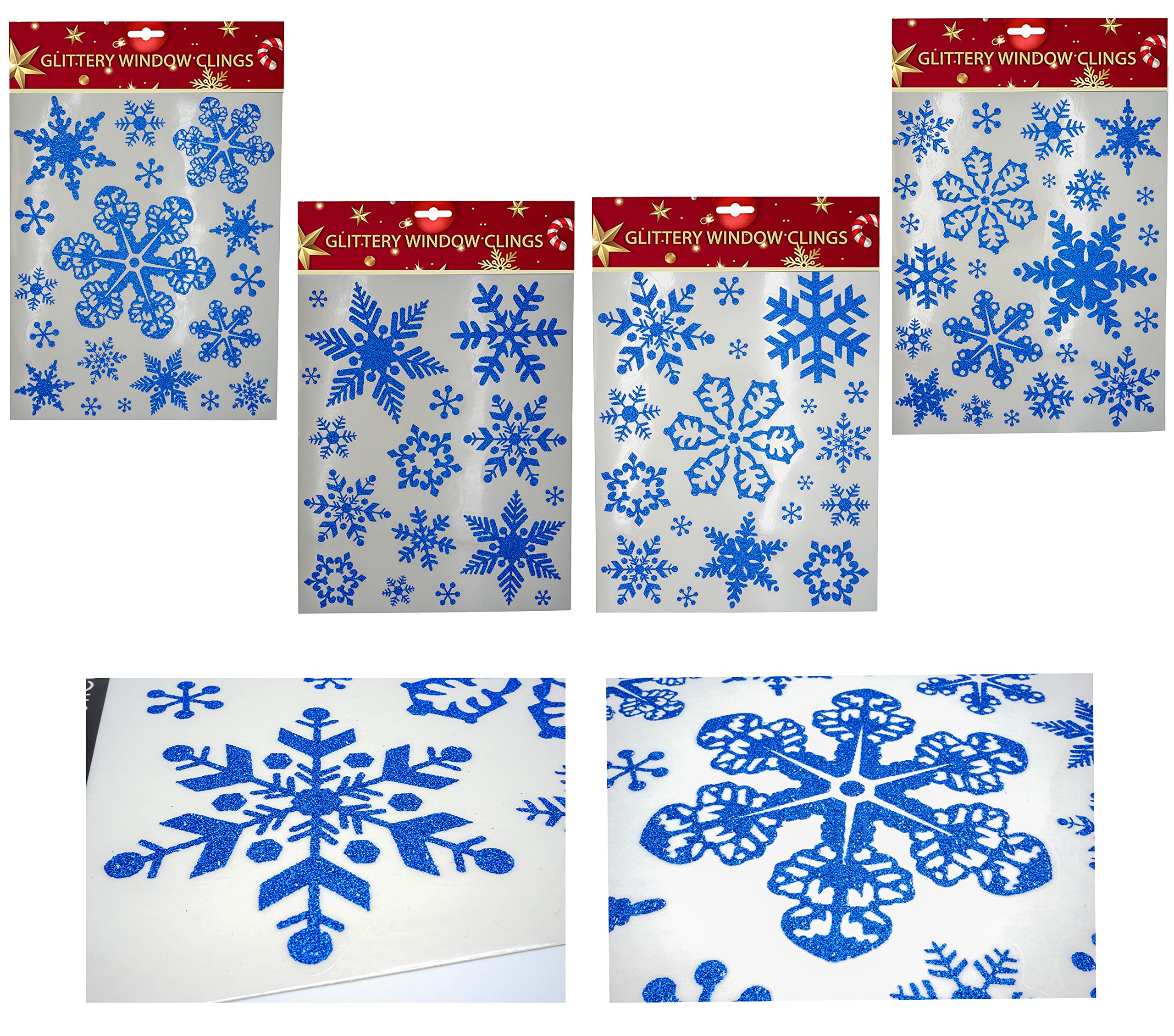 Srv Hub 4Pk Ice Blue Glitter Snowflake Window Stickers 75Pcs Glitter Snowflake Window Stickers Reusable Xmas Clings, 4X Sheets Double-Sided Static Christmas Decals For Glass Windows, Home, Party, Shop & New Year Decorations