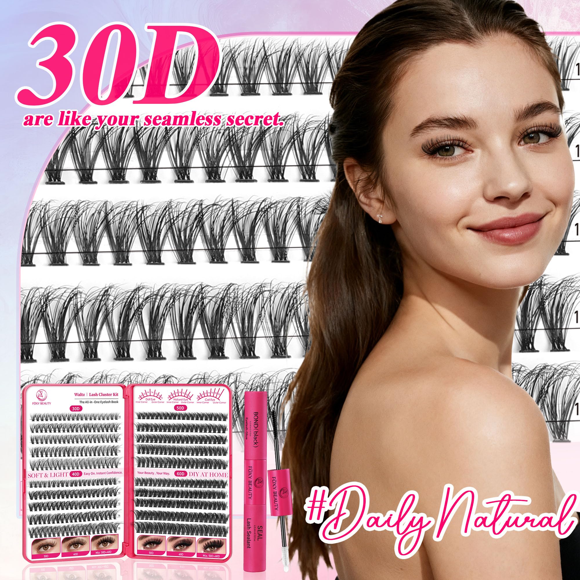 Foxy Beauty 640-częściowy zestaw do przedłużania rzęs D z klejem, uszczelniaczem, zmywaczem, aplikatorem i książką, DIY w domu