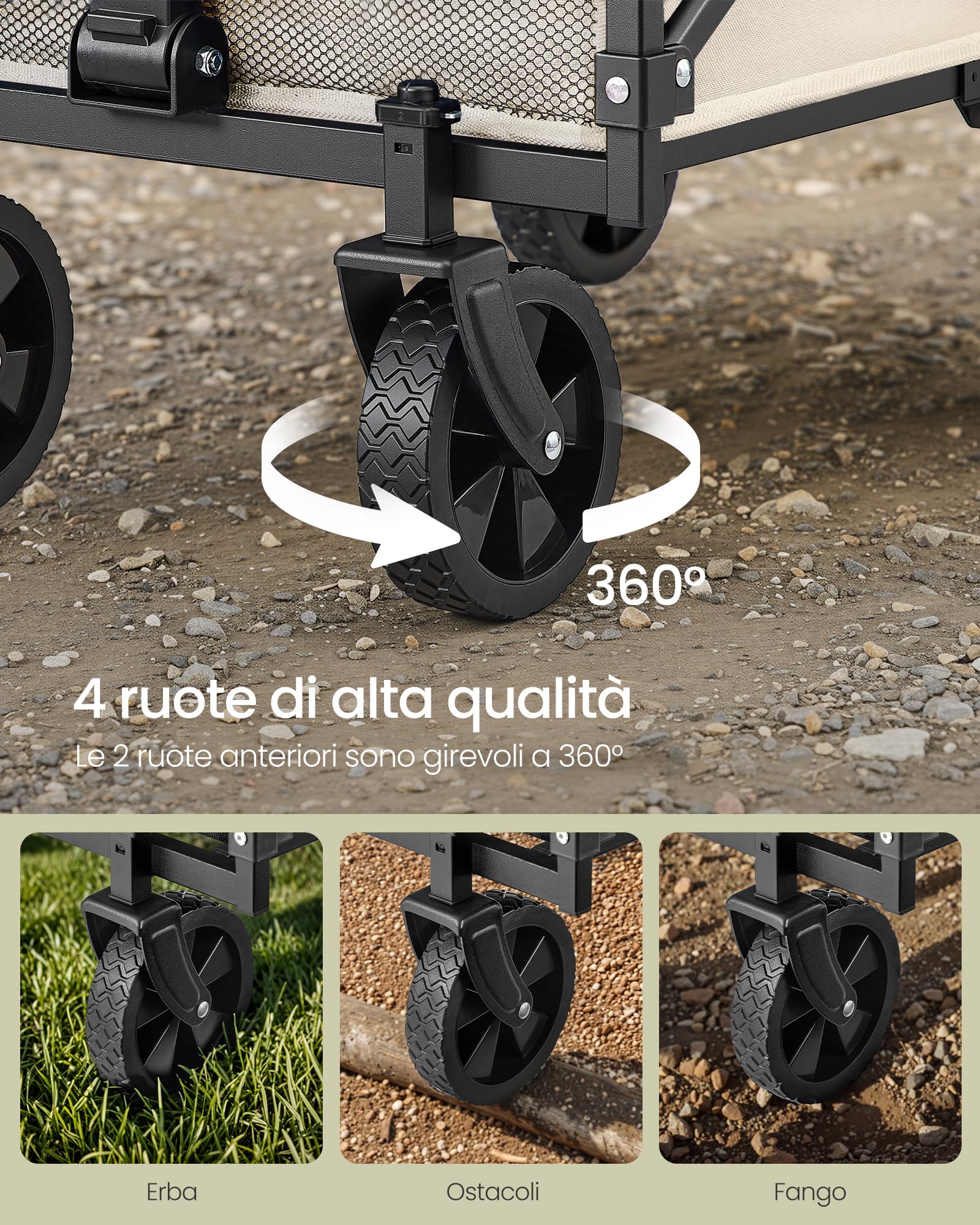 SONGMICS Carrello da Spiaggia Pieghevole 90 L 180 kg con Ruote Beige Sabbia