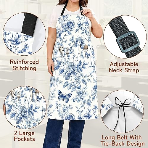 Miniatura 3 de Delantales de cocina para hombres y mujeres, delantal de chef ajustable con 2 bolsillos, delantal de cocina suave y duradero