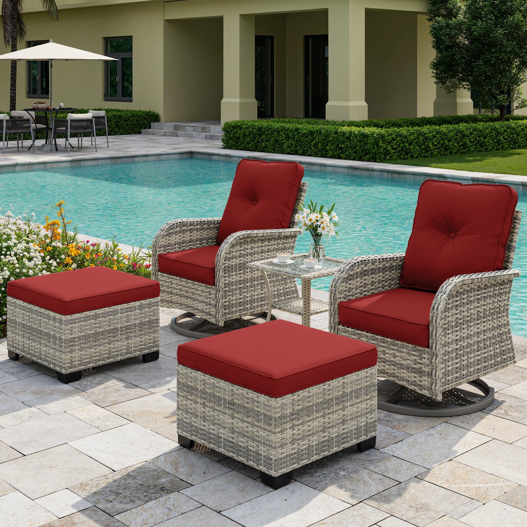 5-Piece Small Patio Furniture Set, Outdoor Swivel Rocking Chairs Set with Ottomans, Patio Bistro Set for Balcony, Deck, Porch, Red