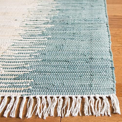 Miniatura 3 de SAFAVIEH Montauk Collection - Alfombra de área de 5 x 7 pies, color azul, hecha a mano, con flecos, de algodón, ideal para zonas de alto tráfico en