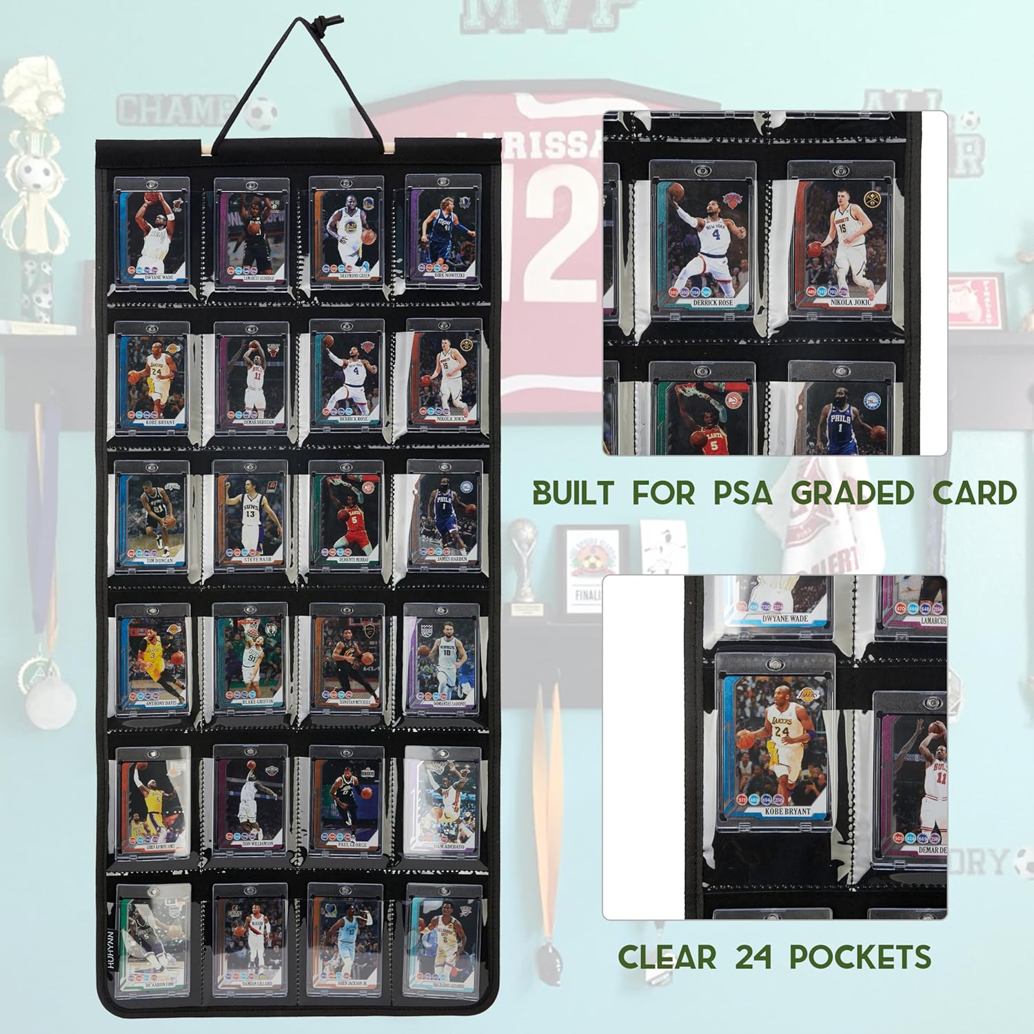 Trading Card Display, Hanging Organizer for Baseball Basketball Football Trading Cards, Graded Sports Card Display for PSA CGC BGS SGC Slabs(24 Slots-Black)