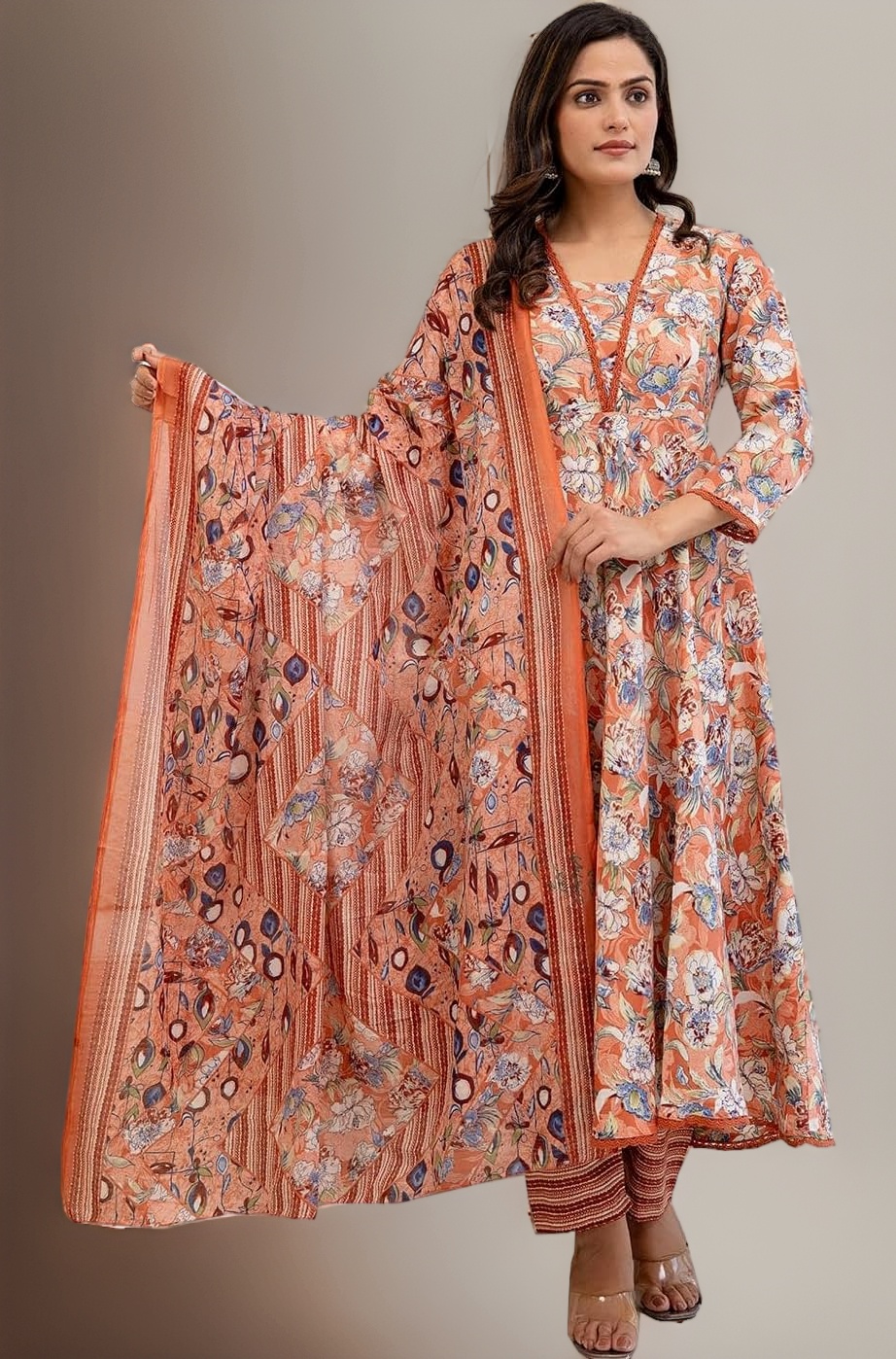PARTHVI Women's Printed Cotton Anarkali Kurta & Pant With Dupatta Set