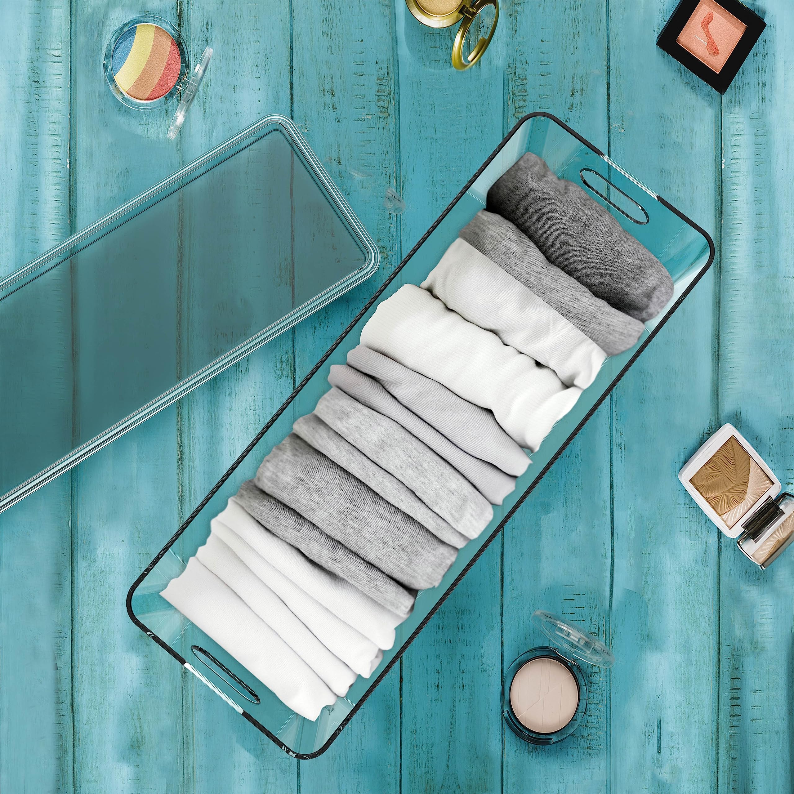 KOLORR Transparent Baskets for Storage with Lid Narrow-5Liter | Multipurpose Clear Container | Rectangle Organiser Plastic Box with Handle for wardrobe clothe Makeup closet Stationary| Pack of 2 4