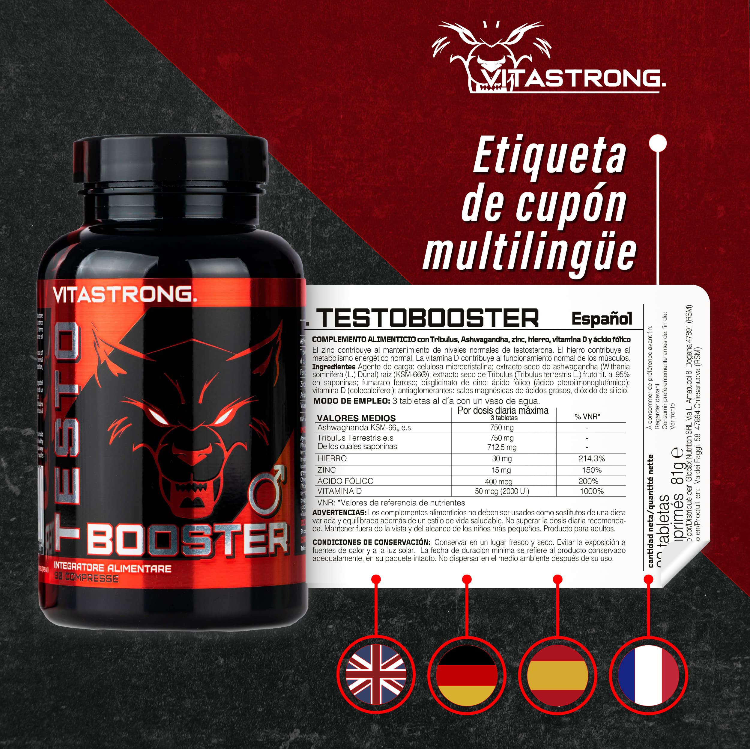Testo Booster Fórmula con Ashwagandha KSM-66 Pura, Tribulus Terrestris, Bisglicinato de Zinc, Vitamina D, Acido Folico y Hierro Suplemento, 90 Comprimidos con Vitamina D para Función Muscular Normal
