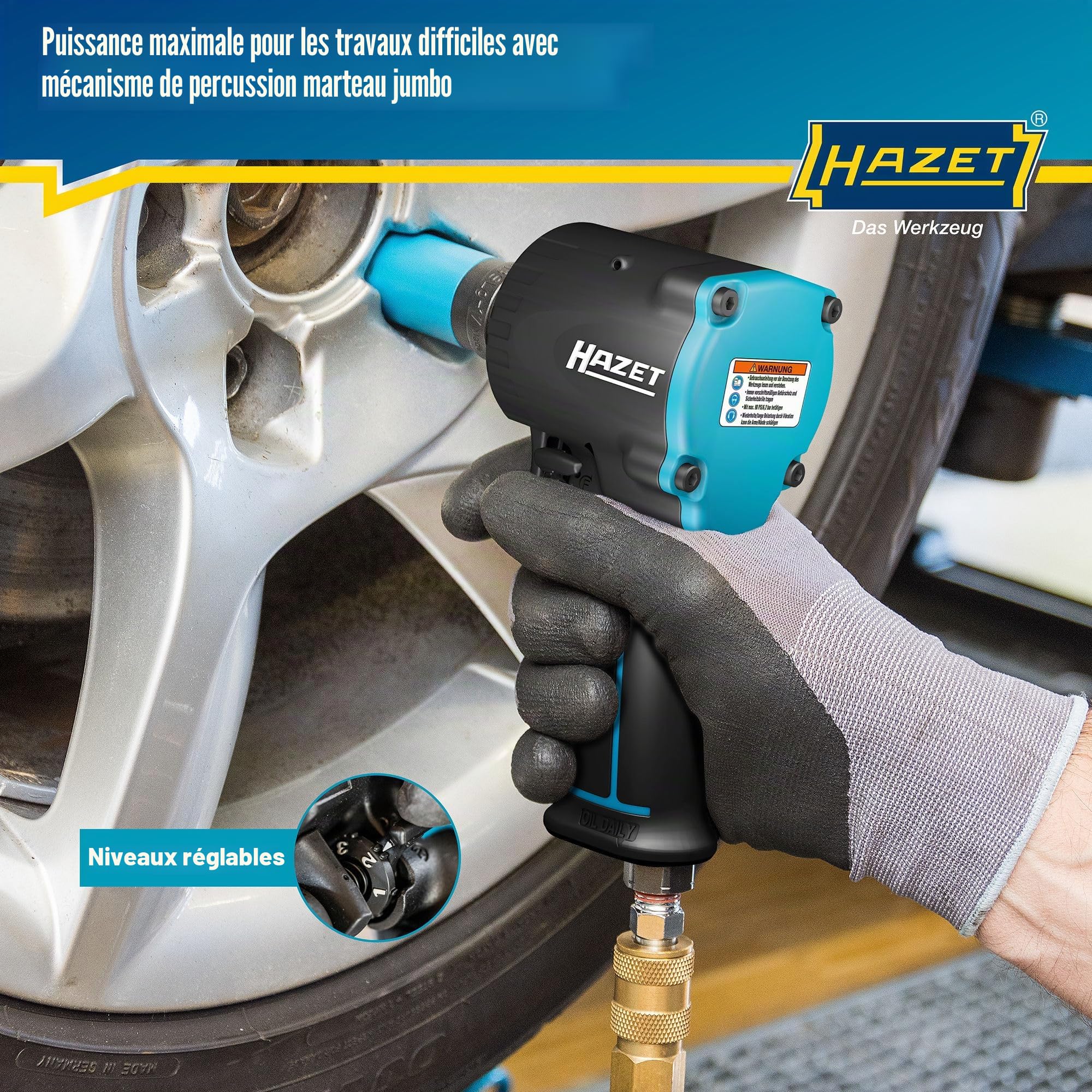 Hazet Visseuse à choc pneumatique 9012M-1 I extra courte - seulement 80 mm, couple max. Couple de desserrage : 1200 Nm, carré 1/2 pouce I pour les travaux dans les espaces restreints