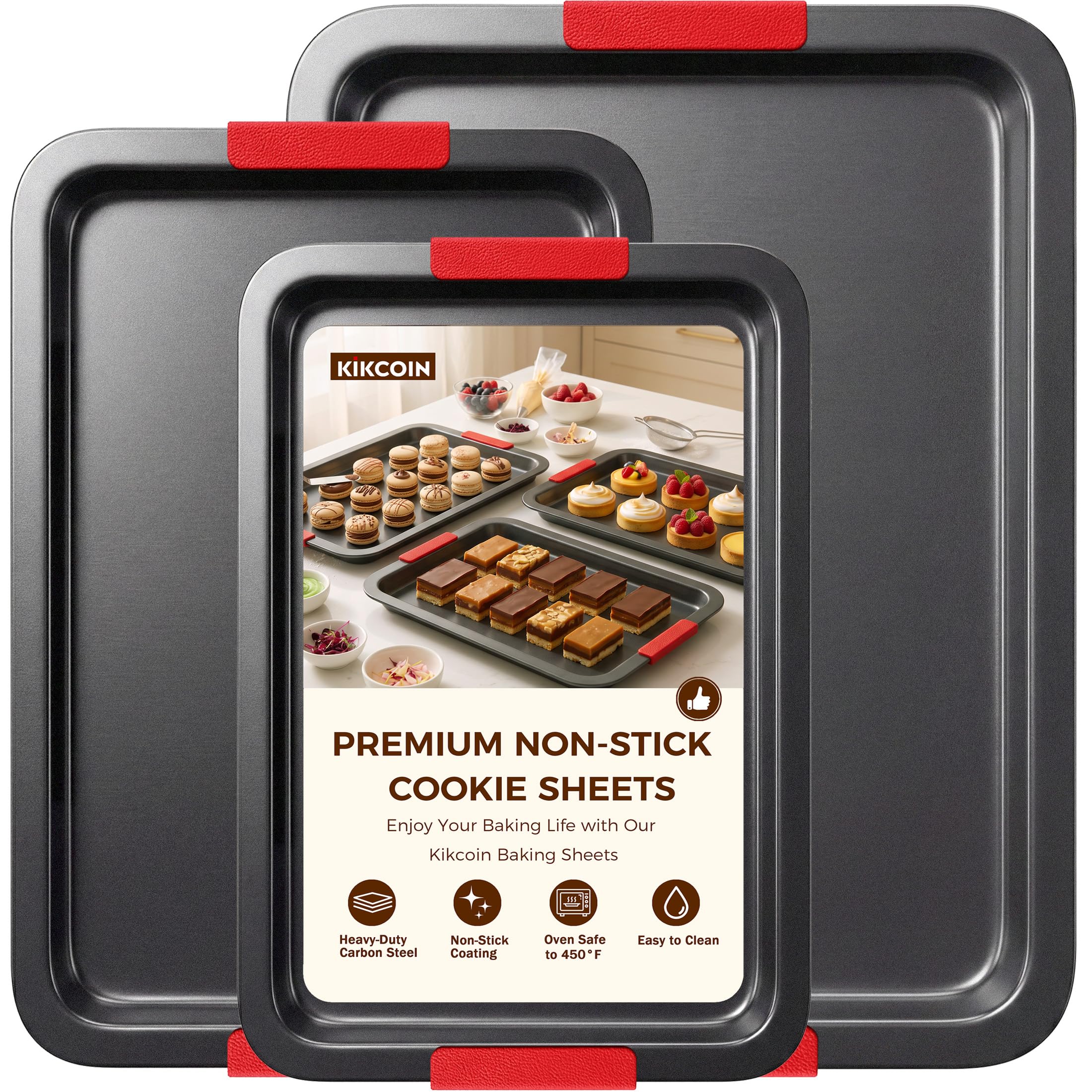 Kikcoin Nonstick Cookie Sheets for Baking, Set of 3, Carbon Steel, Gray | 2X-Thick PFOA-F…