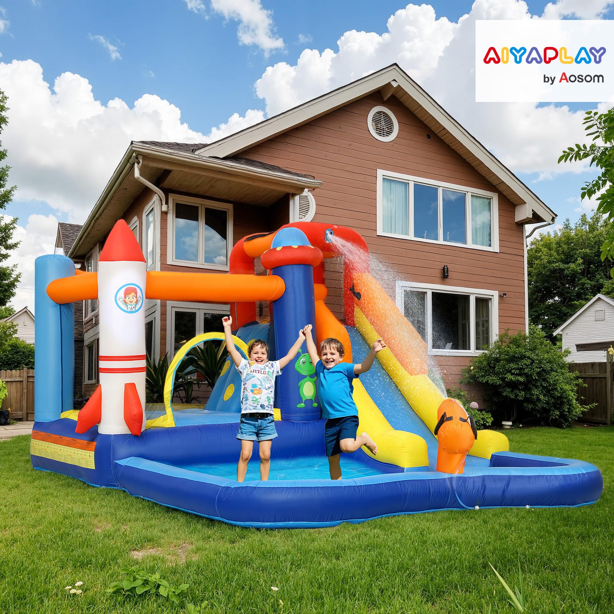 AIYAPLAY Castillo Hinchable con Soplador 5 en 1 Parque Acuático Hinchable para Niños con Tobogán Piscina de Chapoteo Escalada y Cañón de Agua para Exterior Interior 360x250x195 cm