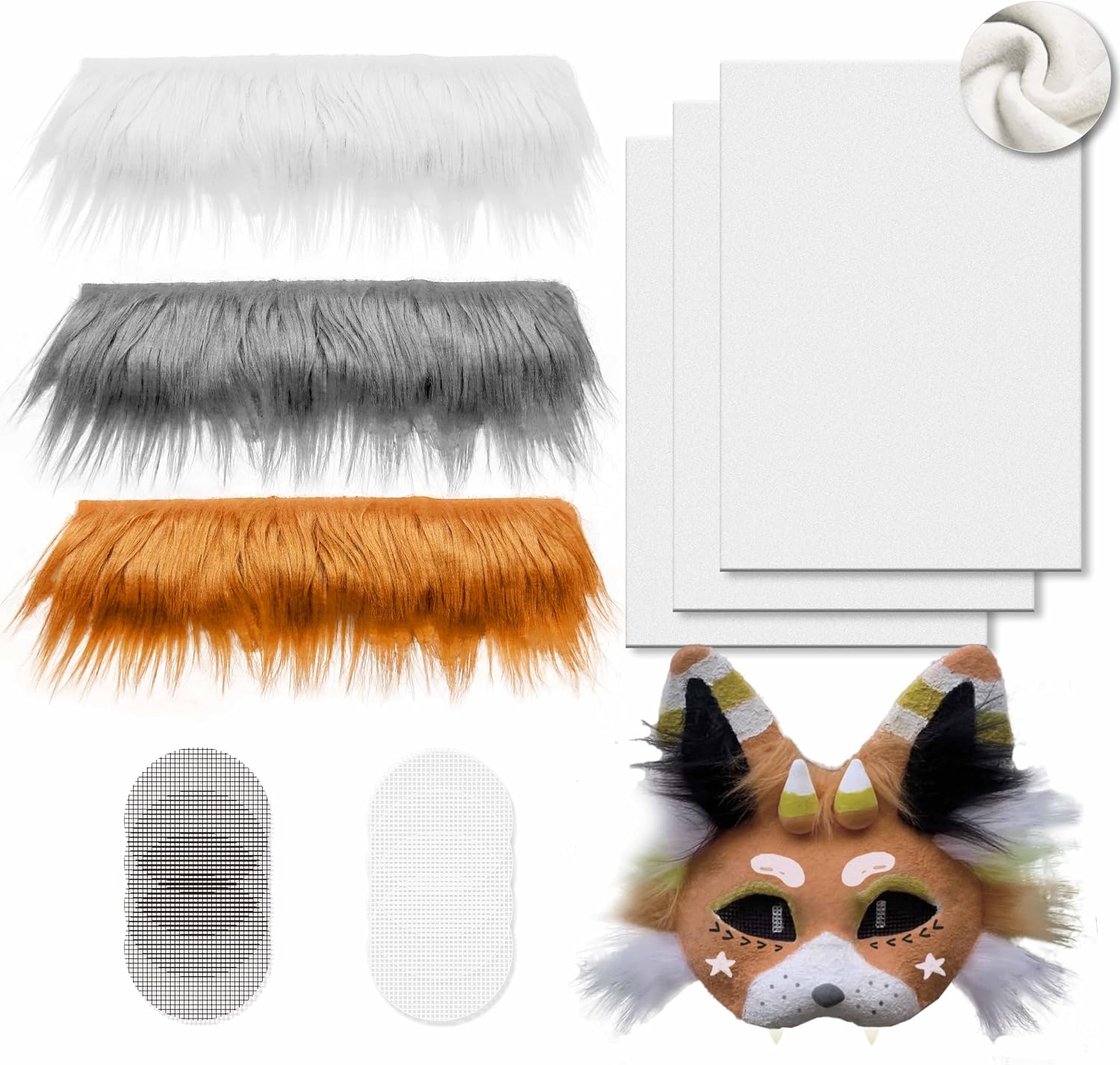 DIY Cat Mask Kit with Fur & Eye Mesh and Felt Sheet,DIY Cat Mask All-in-One to Paint, Blank White Mask for Cosplay Christmas
