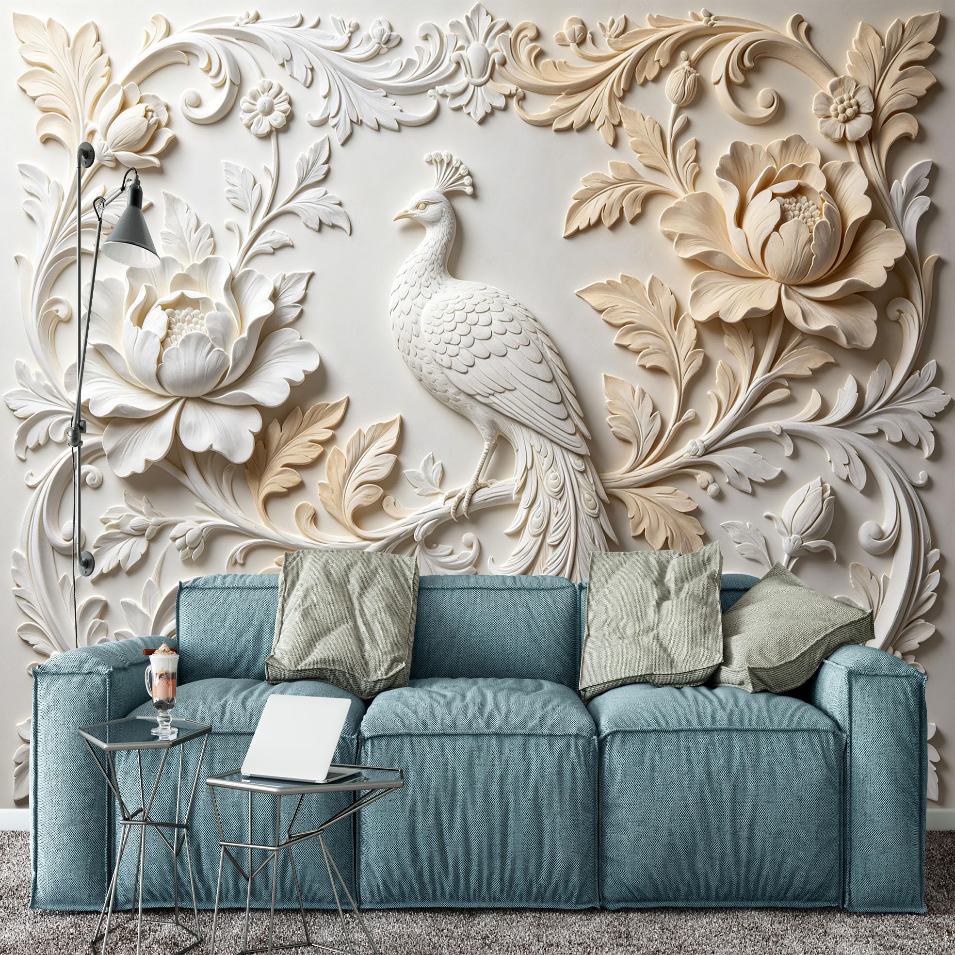 Papel Pintado Fotográfico De Lujo Oriental Elegante con Diseño De Pavo Real Blanco 320 × 230 cm (Ancho X Alto) Mural No Tejido para Revestimiento De Paredes De Sala De Estar Dormitorio Cocina Y F