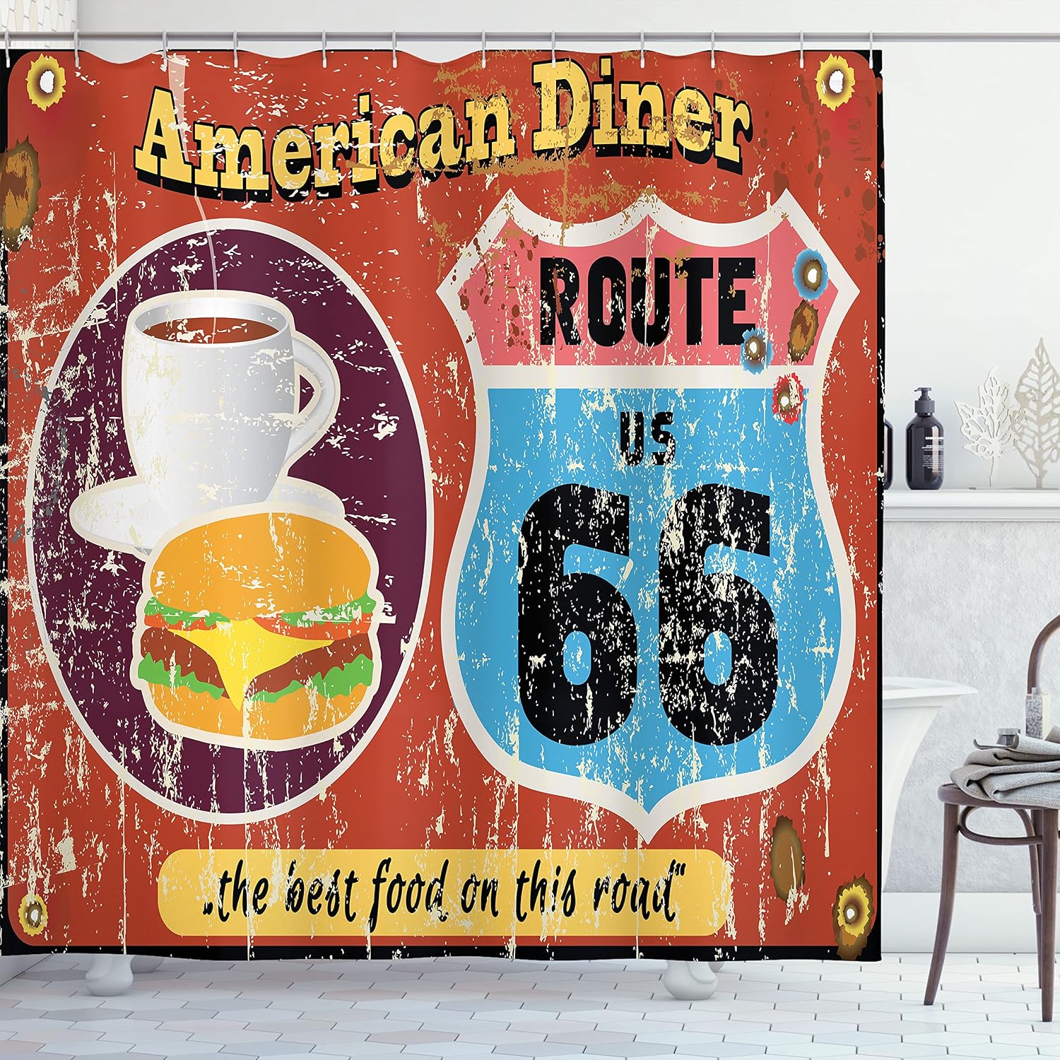 Lunarable Route 66 Shower Curtain, American Diner Old Fashioned Sign Main Street of America Journey Famous Adventure, Cloth Fabric Bathroom Decor Set with Hooks, 69" W x 70" L, Multicolor