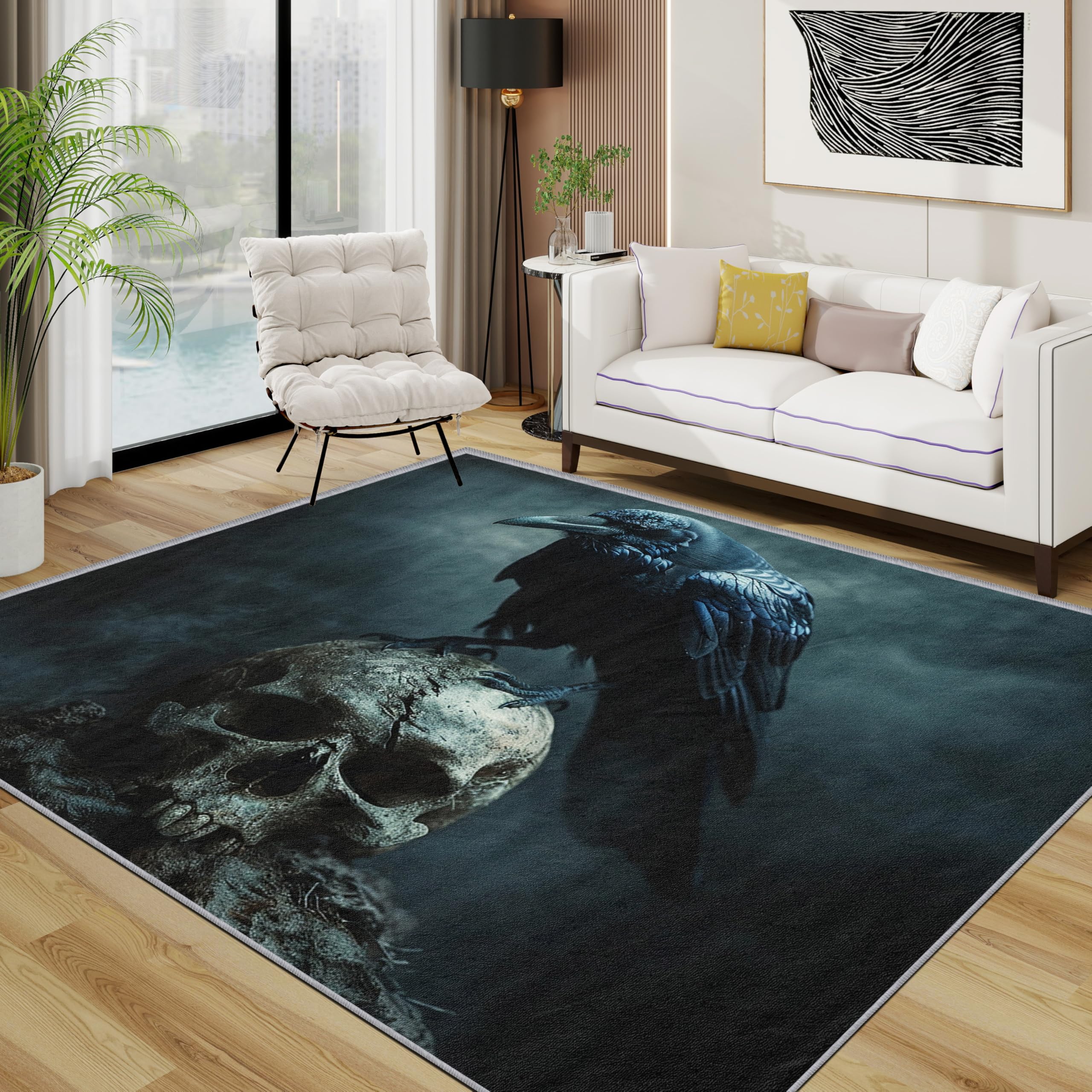Skull Rug - Gothic Raven Skeleton Small Rugs for Bedroom 40x60, Black Crow Unique Floor Mat Soft Washable Non Slip Indoor Mats, Skull Home Decor