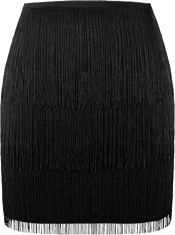 MANER Womens Fringe Skirt Stretchy Sparkly Bodycon Tassel Trim Mini Skirt