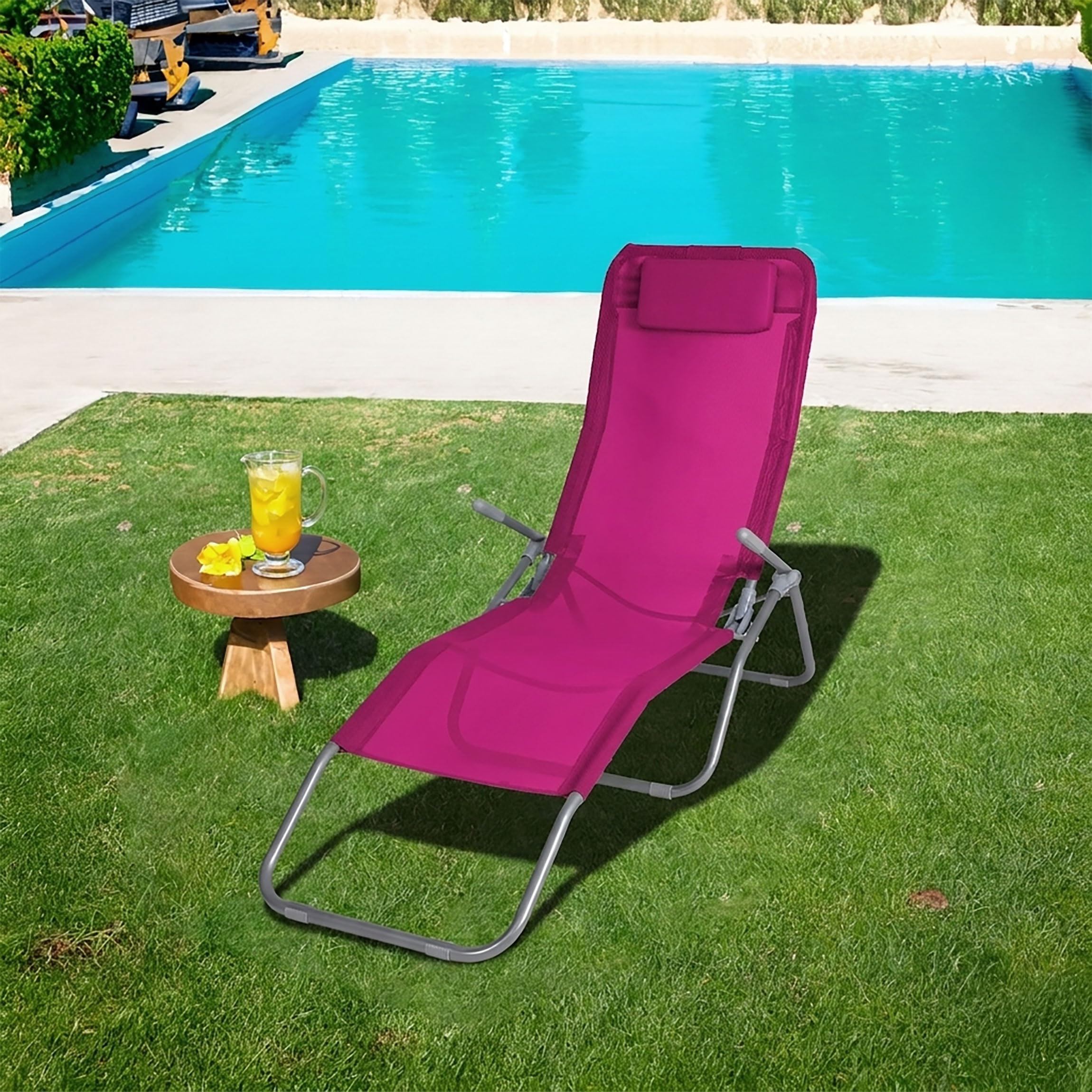 Spetebo Gesundheitsliege mit Kopfkissen - Fuchsia - Outdoor - Kunststoffgewebe - Gartenliege zusammenklappbar - Pool Bäder Spa Garten Balkon Sonnen Liege