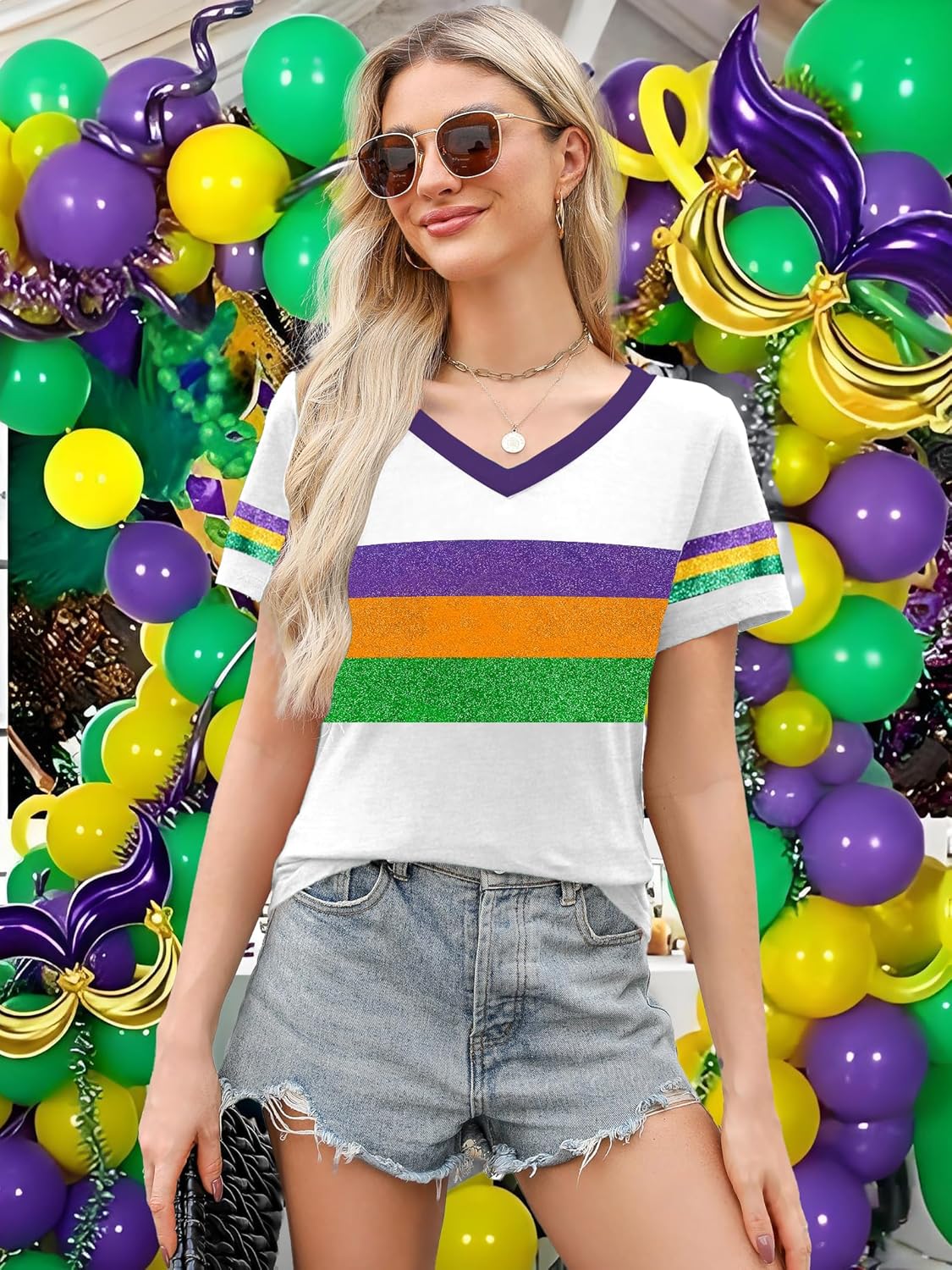 Carnival Shirts for Women Fat Tuesday V Neck Shirt New Orleans Carnival Sequins Short Sleeve Tee Tops - Image 2