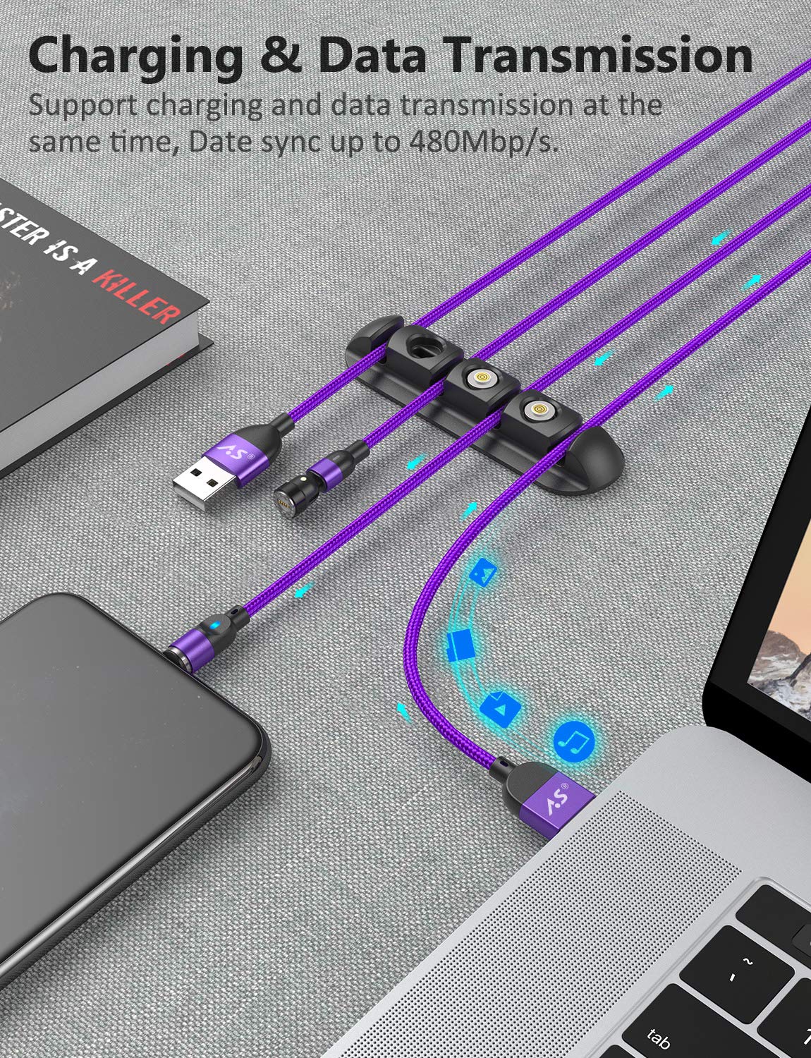 A.S Magnetisches 3-in-1-Ladekabel, schnelles Laden und Datenübertragung, magnetisches Handy-Ladegerät, kompatibel mit Micro-USB und Typ-C-Smartphones (1 m + 1 m + 2 m) (lila)