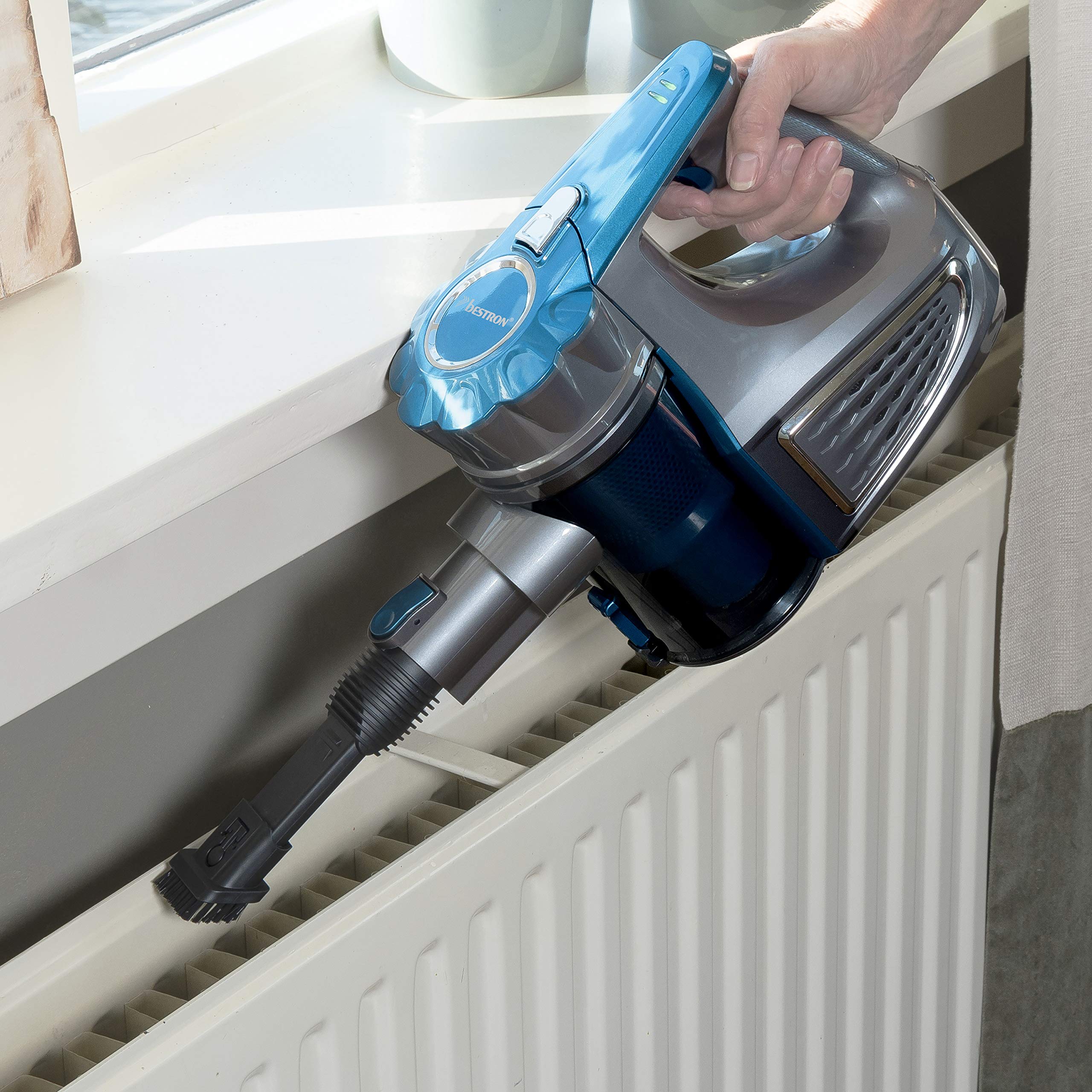 Bestron Aspiradora de Mano Inalámbrica con Tubo Telescópico, Sin Bolsa, Capacidad: 0,6 L, 120 Vatios, Azul/Gris