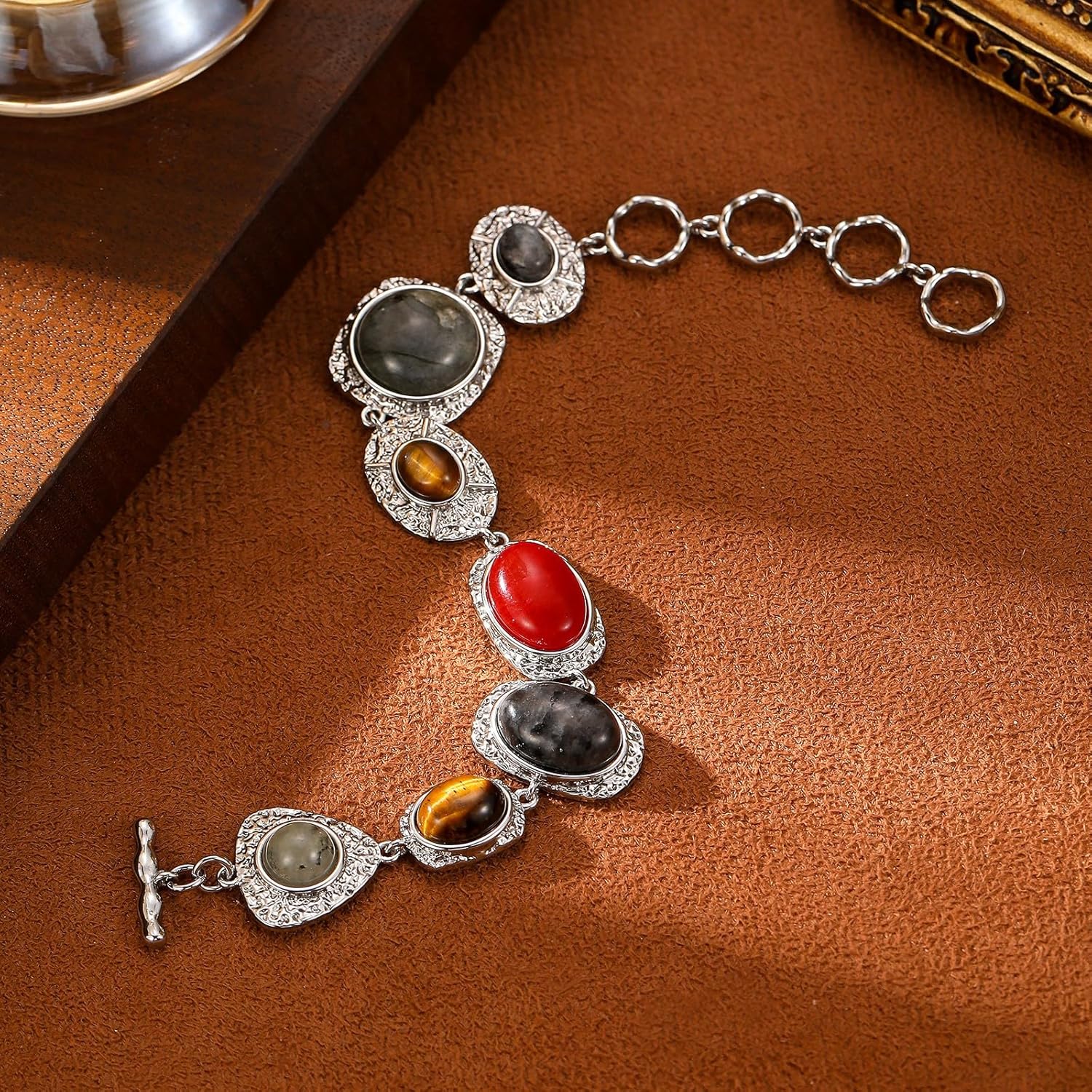 Vintage Gold Plated Bracelet for Women, Multi-Gemstone Hammered Texture Adjustable Clasp, Retro Dainty Jewelry Gift for Her - Image 5