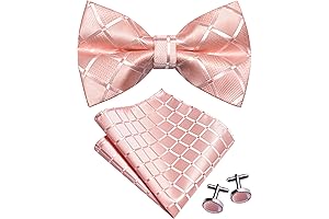 Men's Plaid Checkered Pre-Tied Bowtie, Pocket Square, Cufflinks Set with Rose Gold Bow Tie