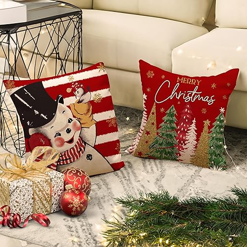 Miniatura 9 de Juego de 4 fundas de almohada navideñas de 18 x 18 pulgadas, decoración rústica de invierno, decoración de Navidad, fundas de cojín para sofá,