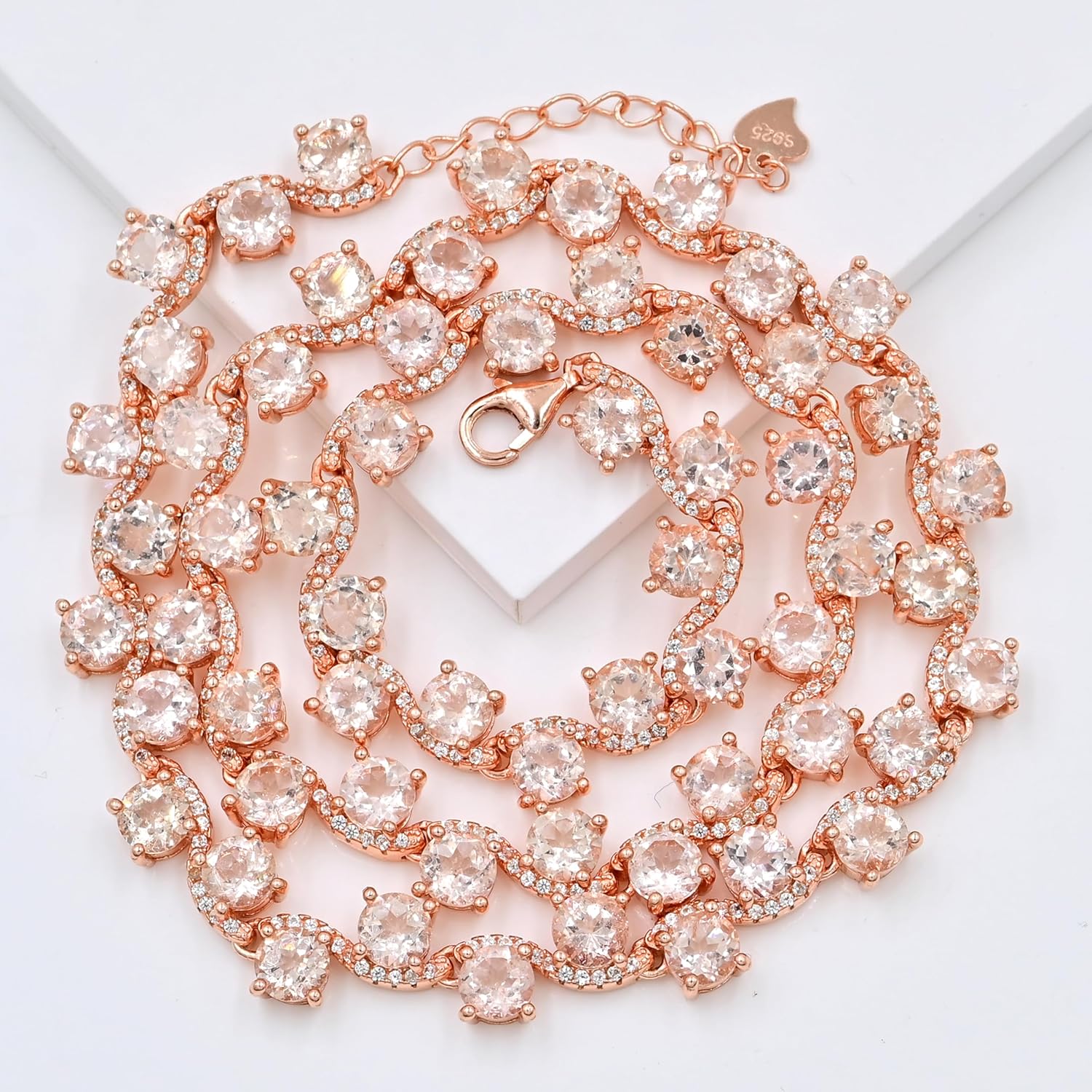 Natural Morganite Tennis Necklace for Women in 925 Sterling Silver | 5mm Round Cut Morganite Zigzag Necklace | October Birthstone Jewelry | Elegant Peach Pink Necklace | Engagement Gift