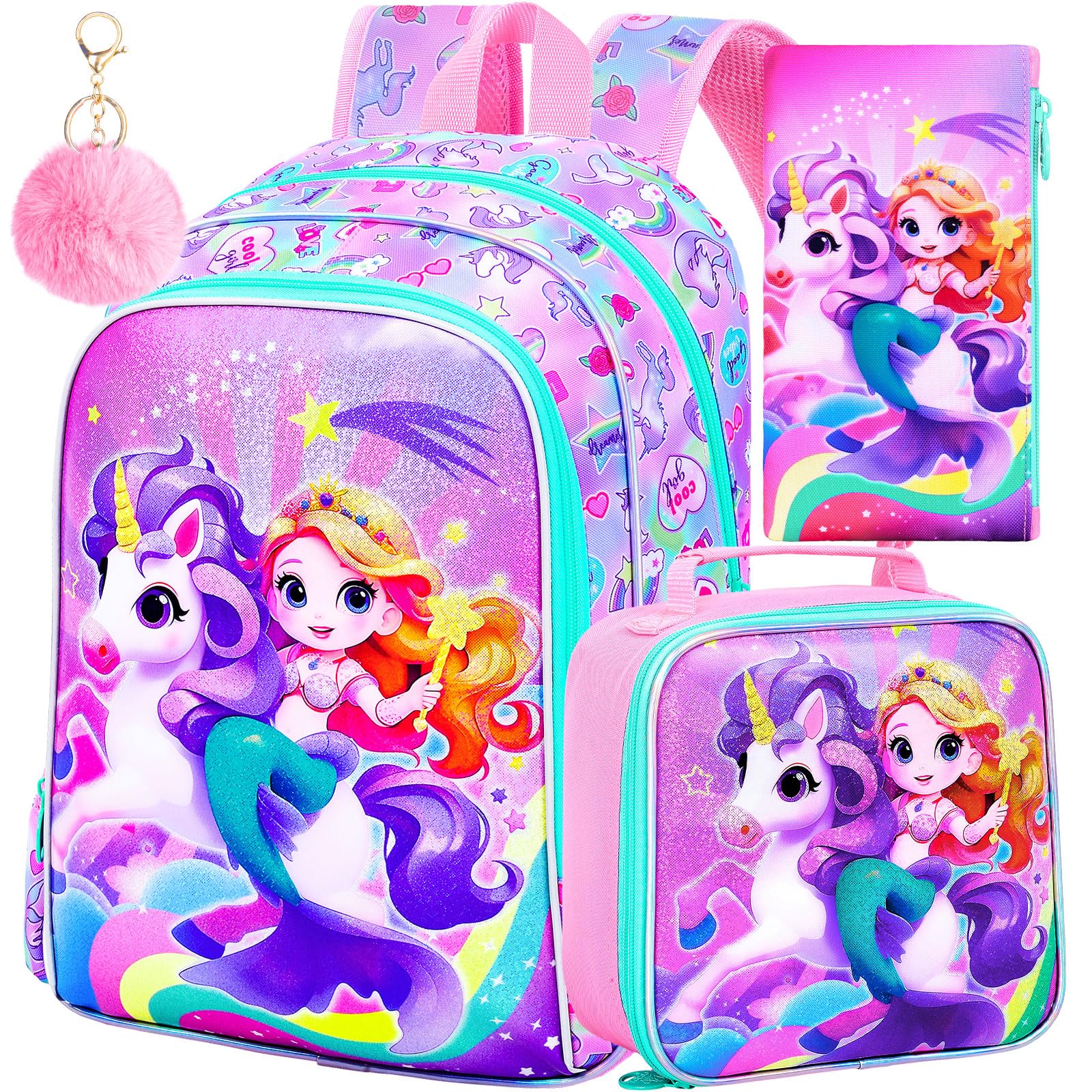 KLFVB 3PCS Girls Mermaid Backpack, Water Resistant Kids Unicorn Bookbag with Lunch Box, 16" Preschool Backpacks for Elementary