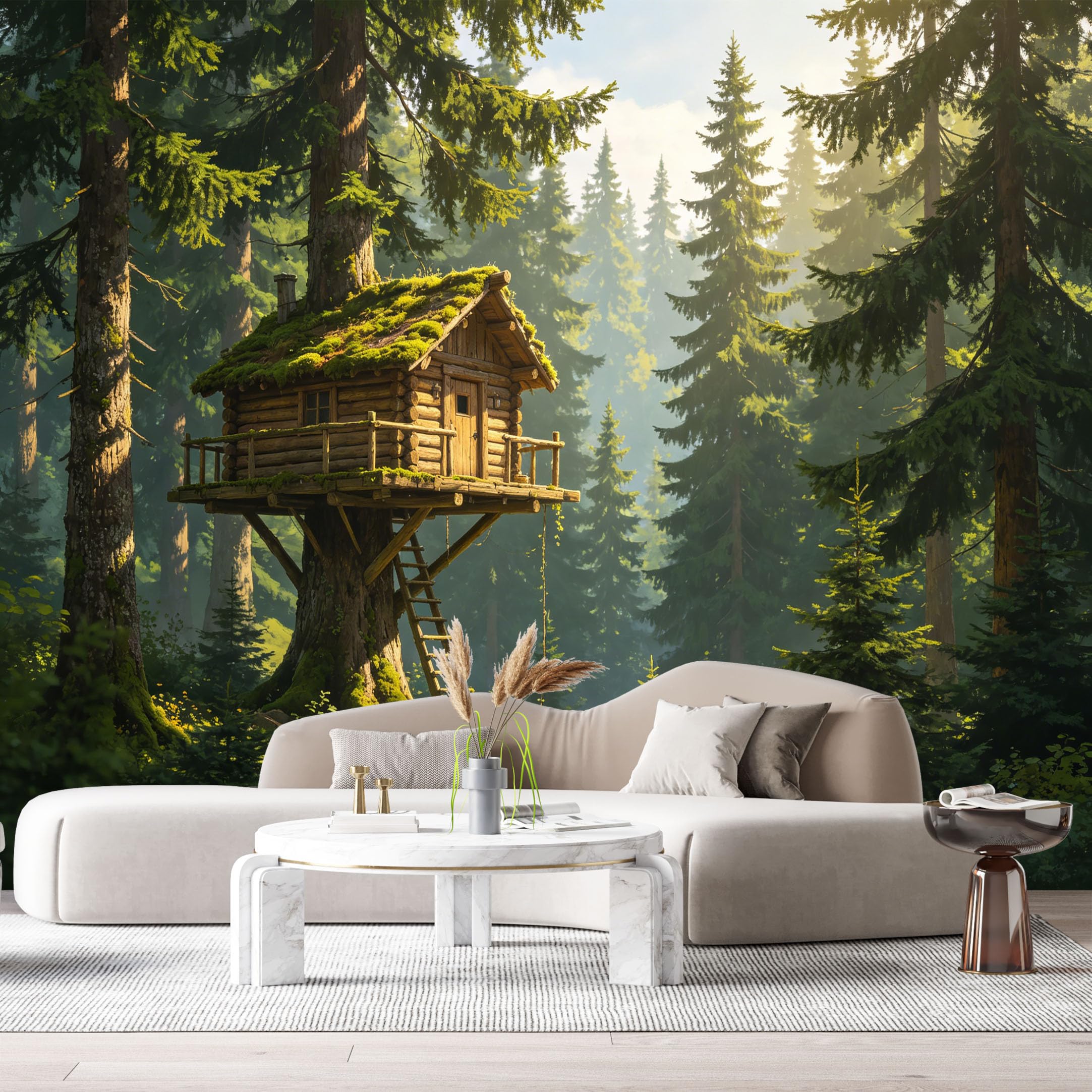 Custom Size Wall Murals Forest Landscape Wooden Treehouse Cabin Sunlight Moss Path SelfAdhesive Wall Fabric Removable Large Wallpaper for Photo Living Room