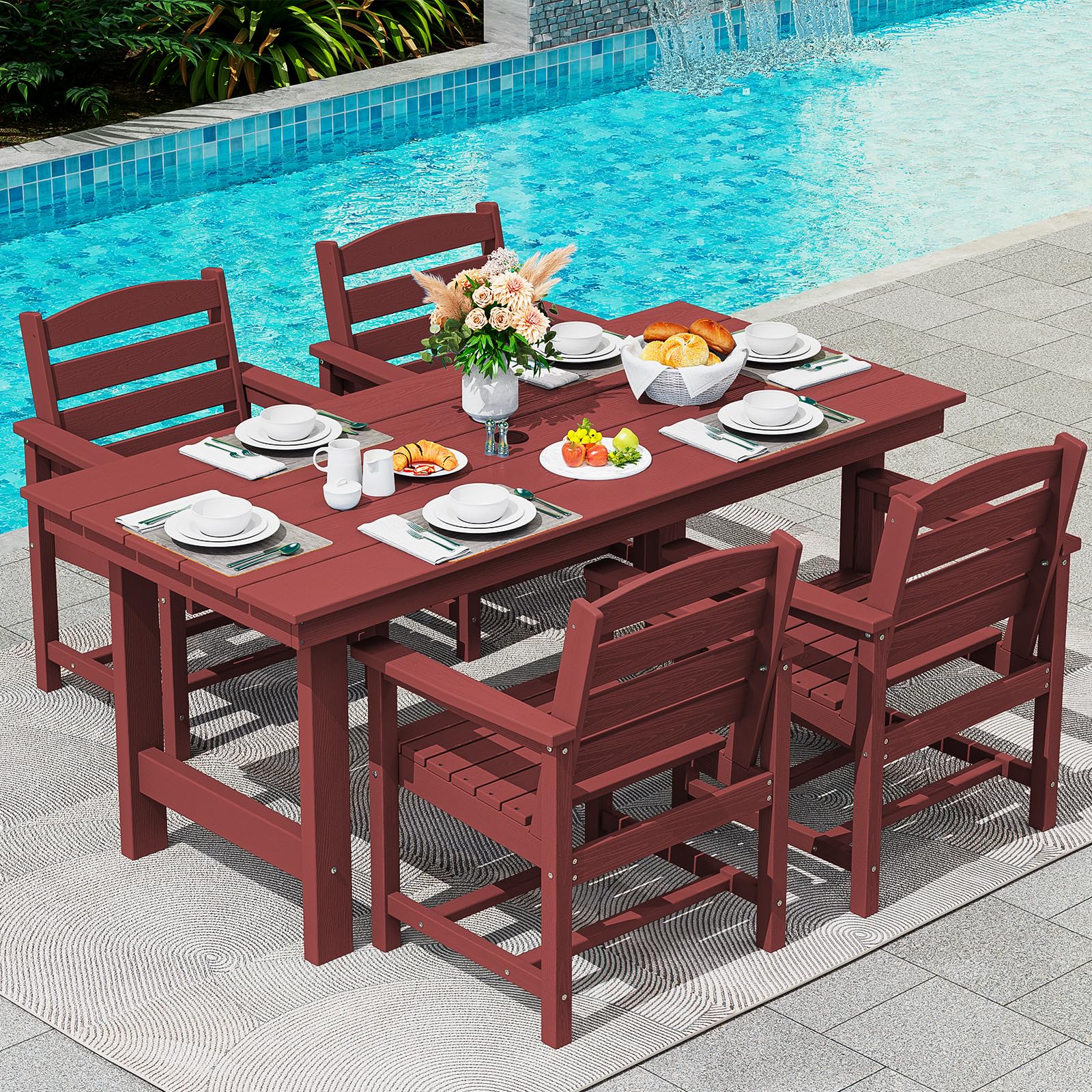SERWALL Outdoor HDPE Dining Set with Umbrella Hole Cut-Out Table and 4 Chairs, All Weather Dining Set for 4, Red