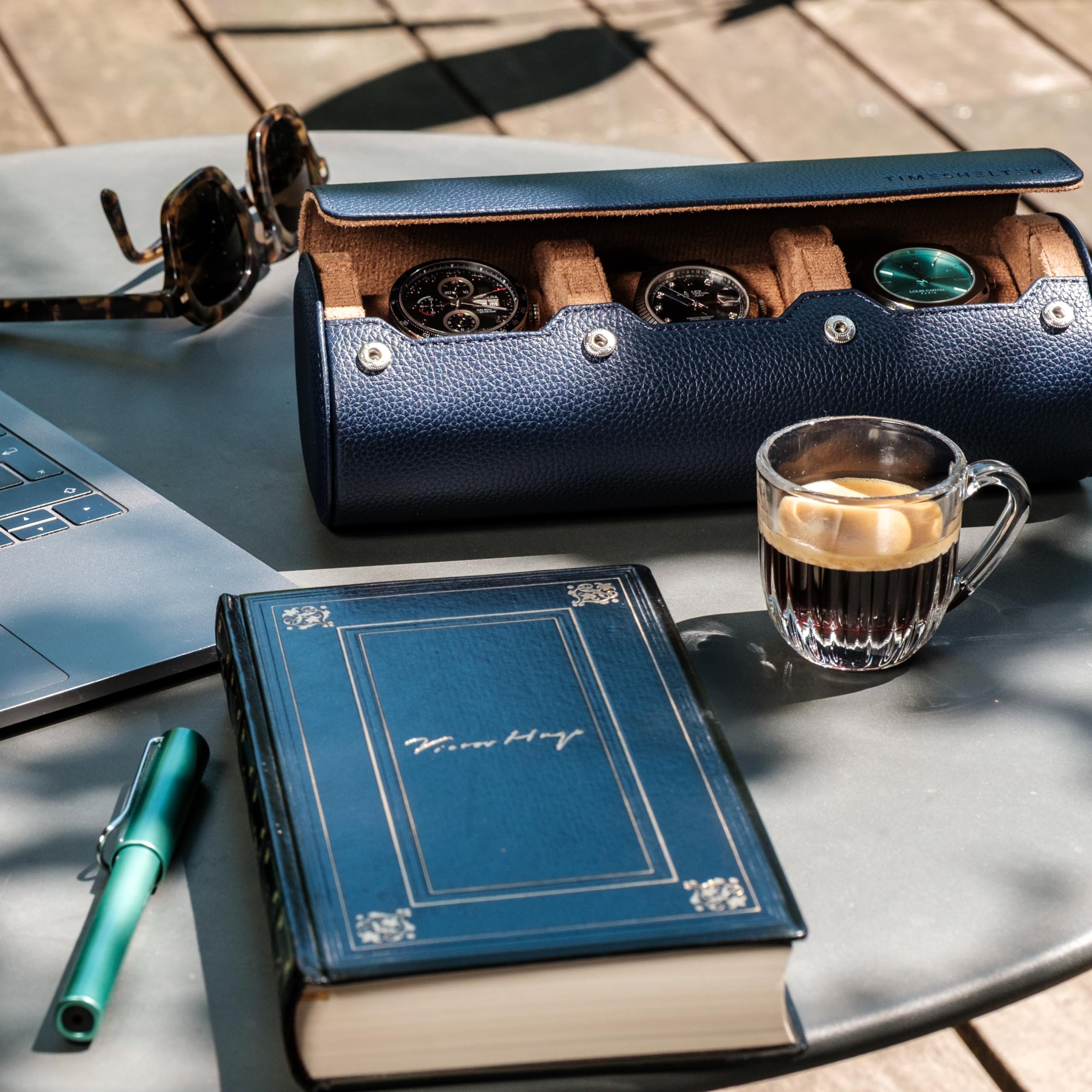 Uhrenbox für 3 Uhren – Uhrenetui Reise & Aufbewahrung aus Kunstleder mit Samt-Innenfutter, Uhrenkoffer Herren, Schmuckkasten, Geschenkbox – Marineblau
