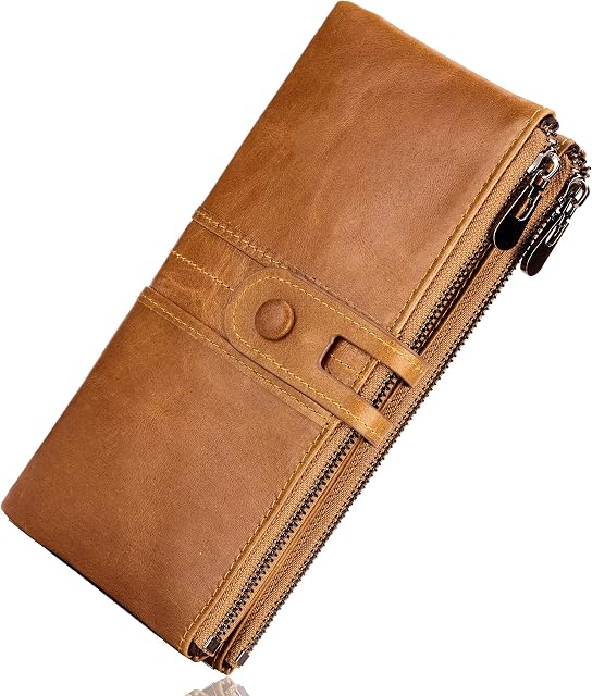 ROULENS Genuine Leather Women's Wallets,Multi-Function Slim Bifold Zipper Clutch Purse,Large Capacity Card Holder with RFID (Brown)