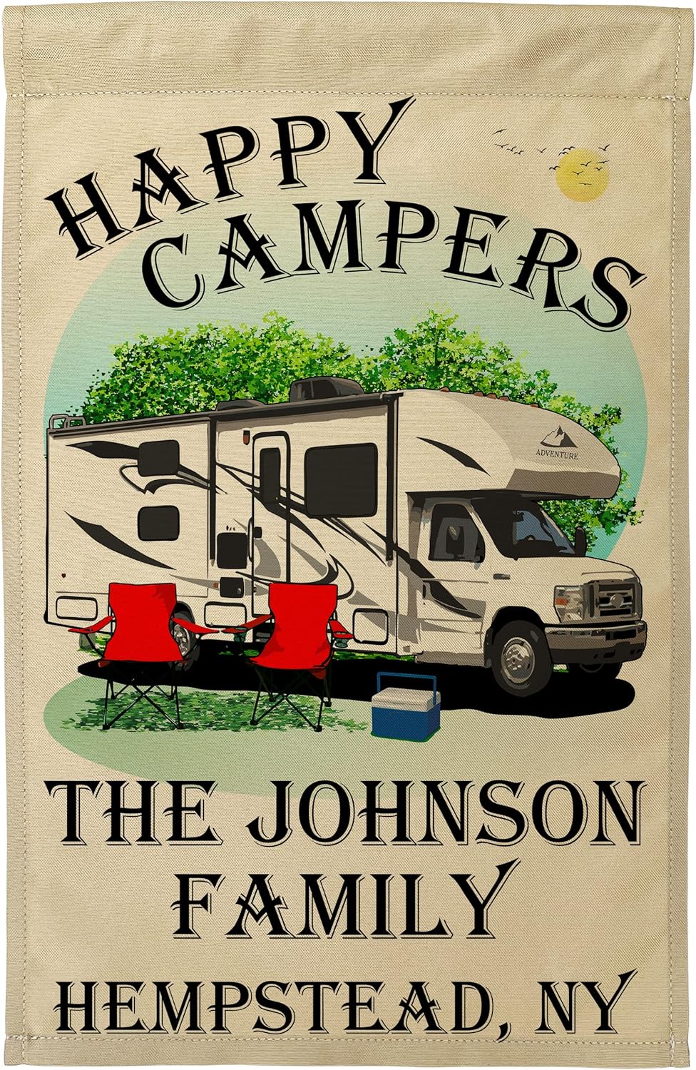 Personalized Happy Campers Camping Themed Flag with White (Uncolored) Class C Motorhome, 3 Additional Lines of Custom Text, Printed on Tan Fabric