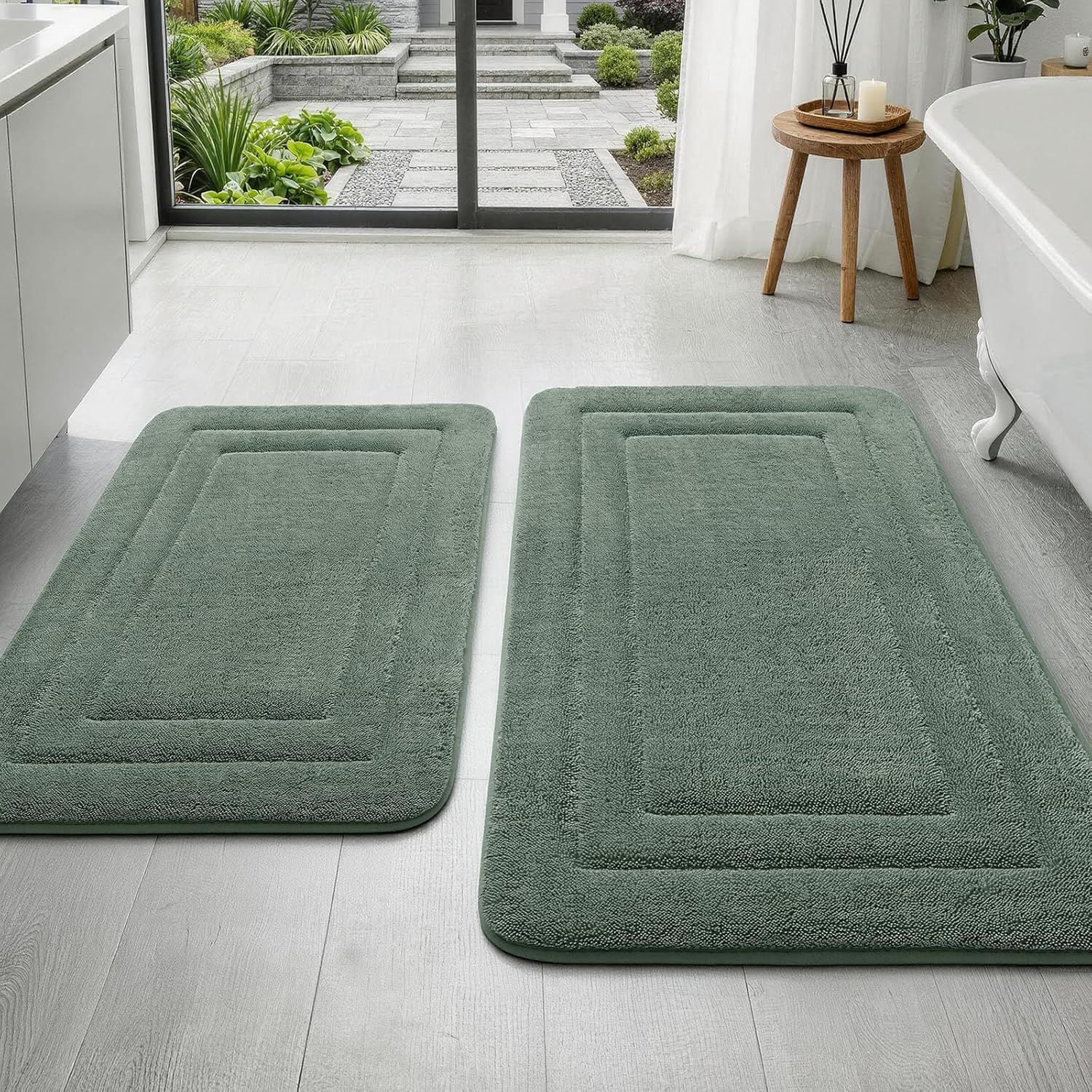 YIHOUSE Bathroom Rugs Sets 2 Piece, Towel-Like Soft Absorbent Thick High Density Memory Foam Bath Mat Set, Non-Slip Machine Washable Bath Rugs for Bathroom, Tub & Shower (32"x20"+24"x17", Sage Green)