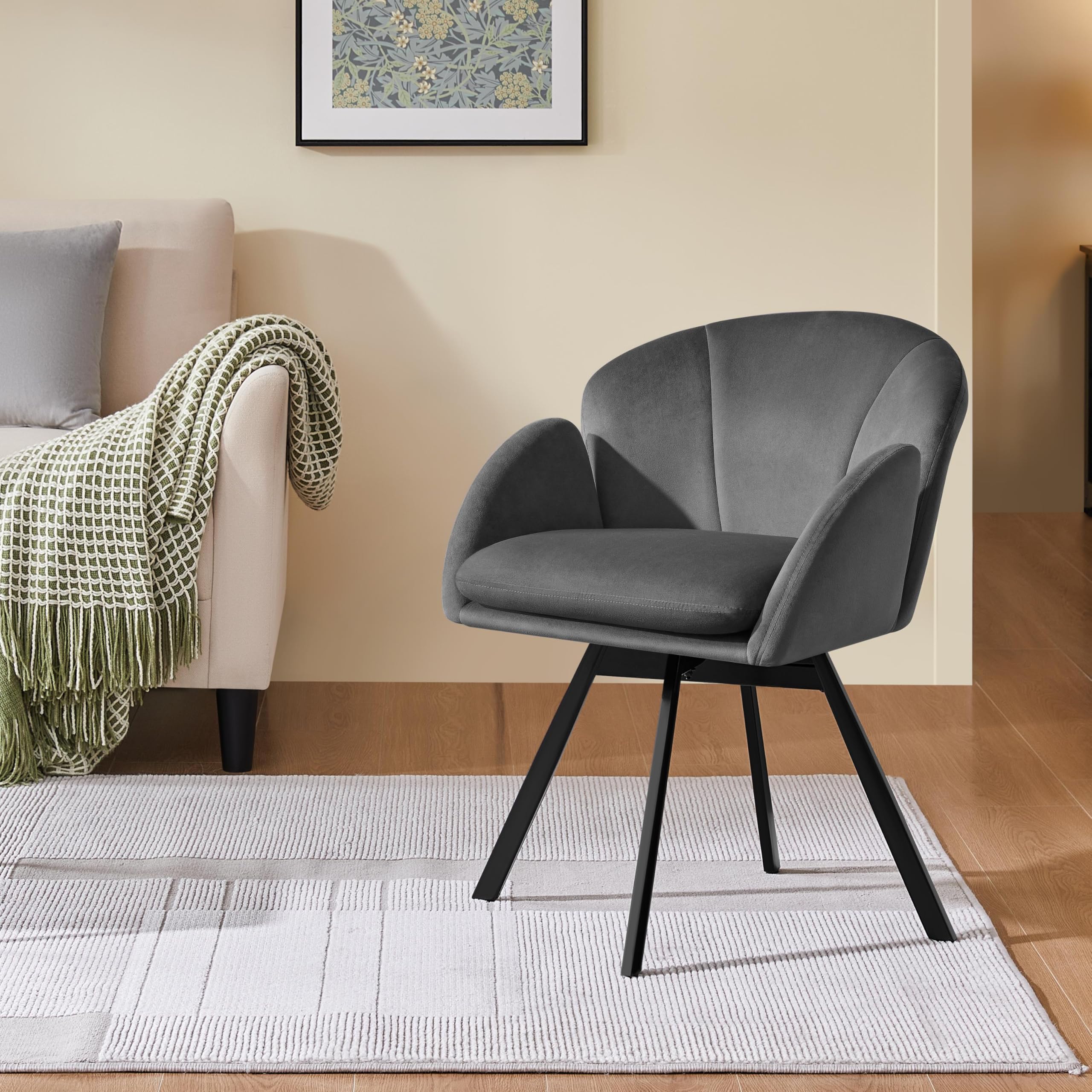 Yaheetech Poltrona Girevole a 360° da Camera da Letto, Sedia da Trucco Moderna a Forma di Fiore in Velluto di Ciniglia, Poltroncina per Camera Salotto Ufficio Grigio Scuro
