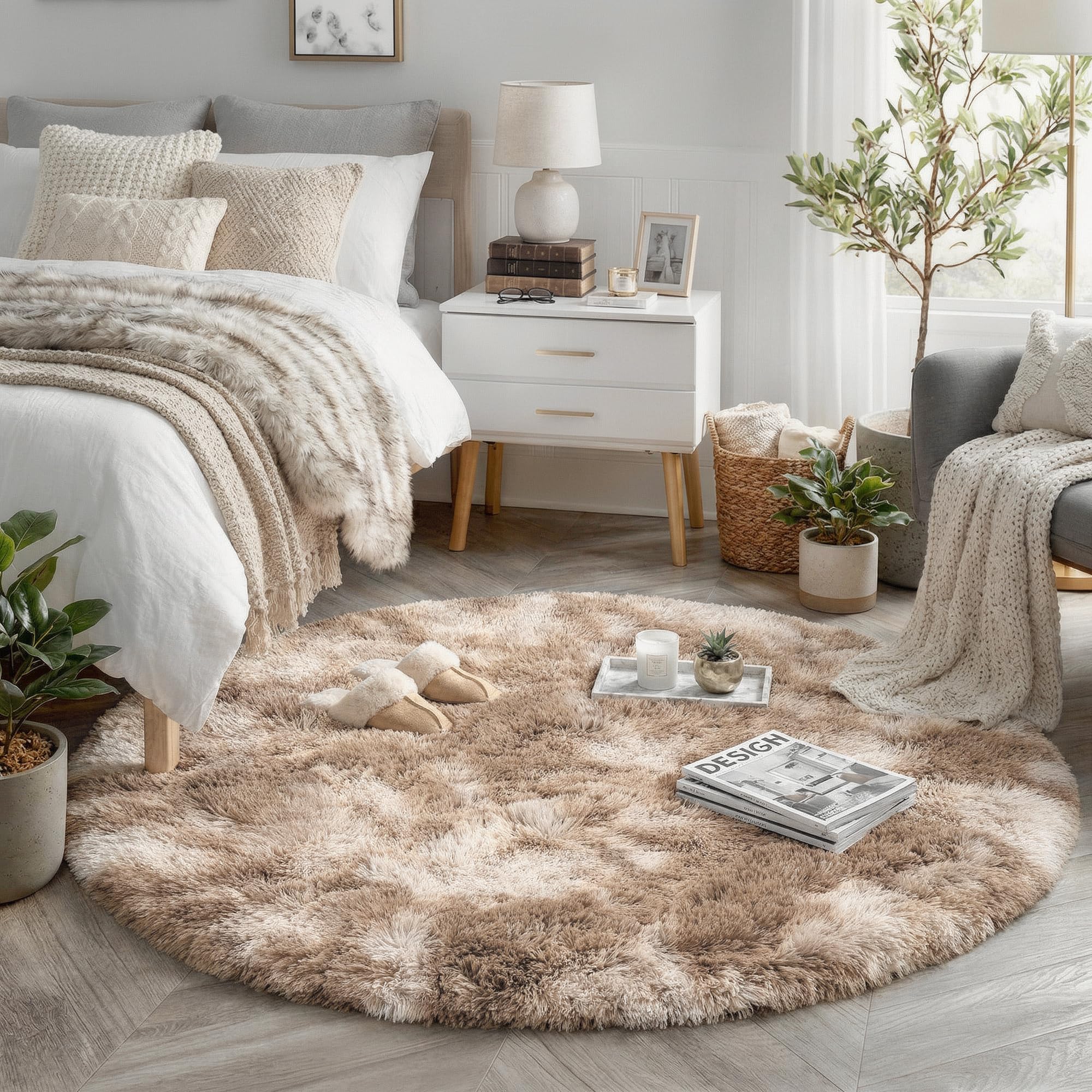 Amdrebio Beige Tan Neutral Round Rug 5Ft for Bedroom Nursery Living Room — image 1