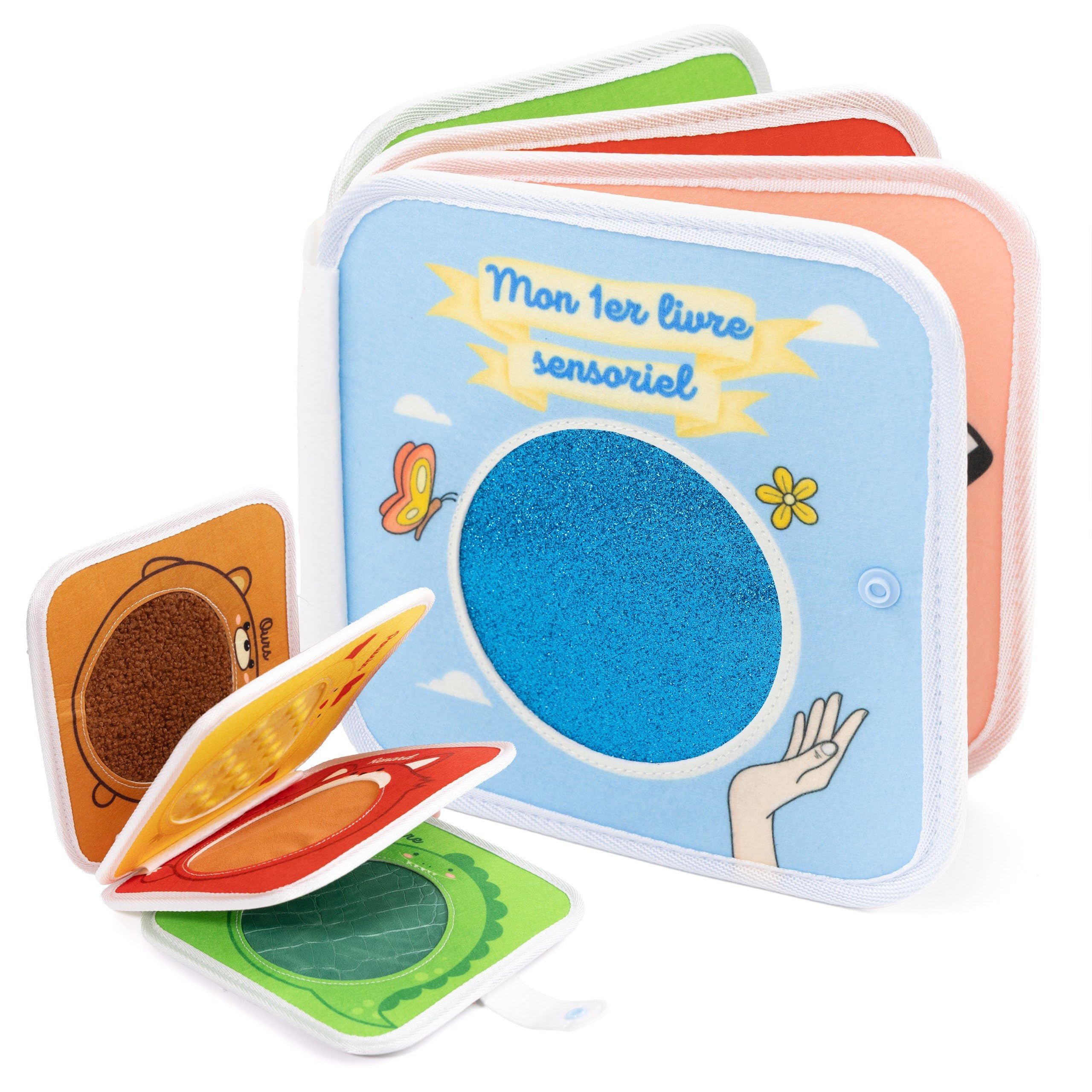 The Little Ones Malin I Livre sensoriel d’éveil Montessori de motricité fine en français pour bébé de 1 à 3 ans, cadeau pour fille et garçon busy board avec animaux, textures et pages en couleurs.