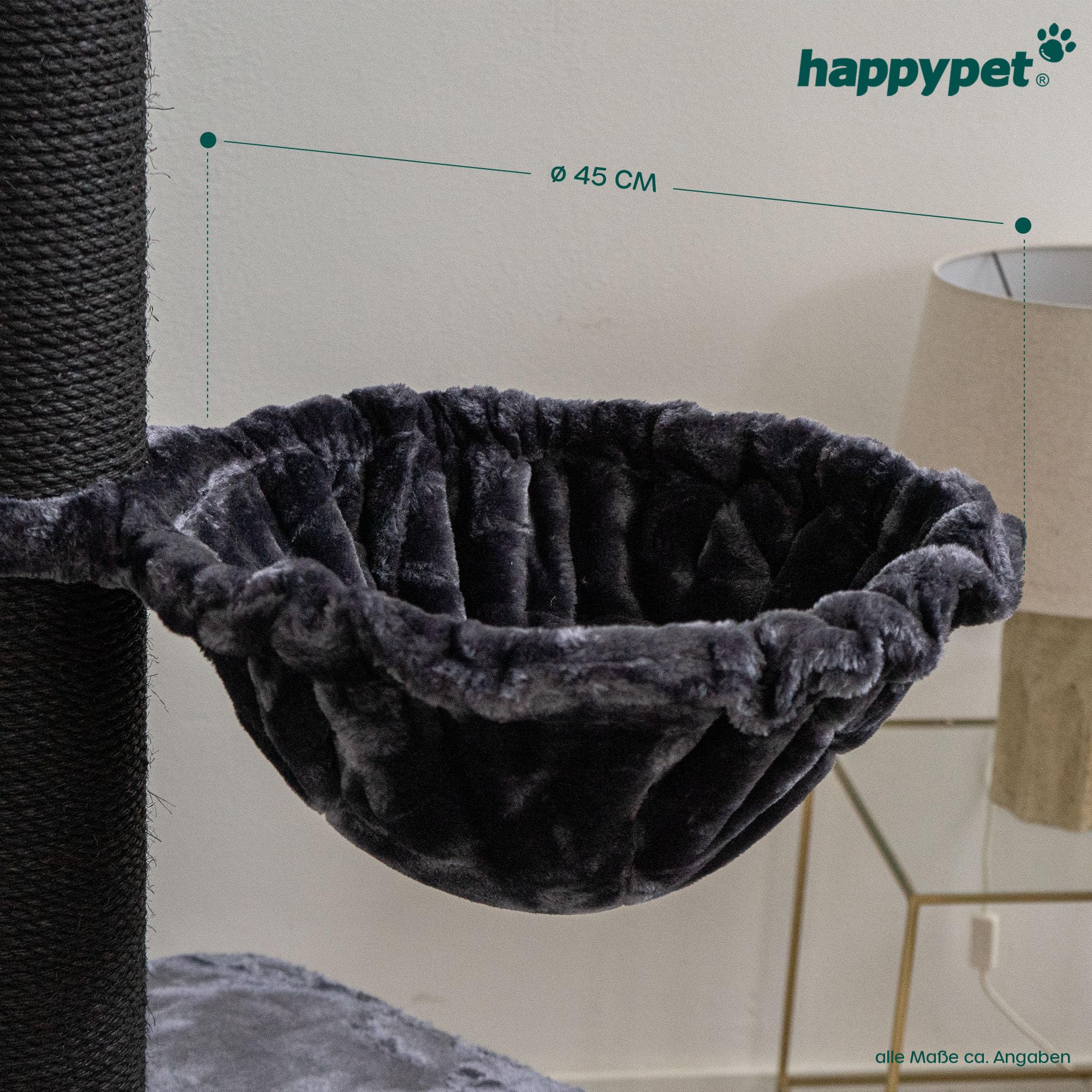 HAPPYPET Universal XXL Liegemulde für Kratzbaum Ø 45 cm - Schlafmulde für große Katzen, Maine Coon, Stabil bis 20 kg Traglast, Hängematte, Katzenliege, Katzenmulde, Anthrazit