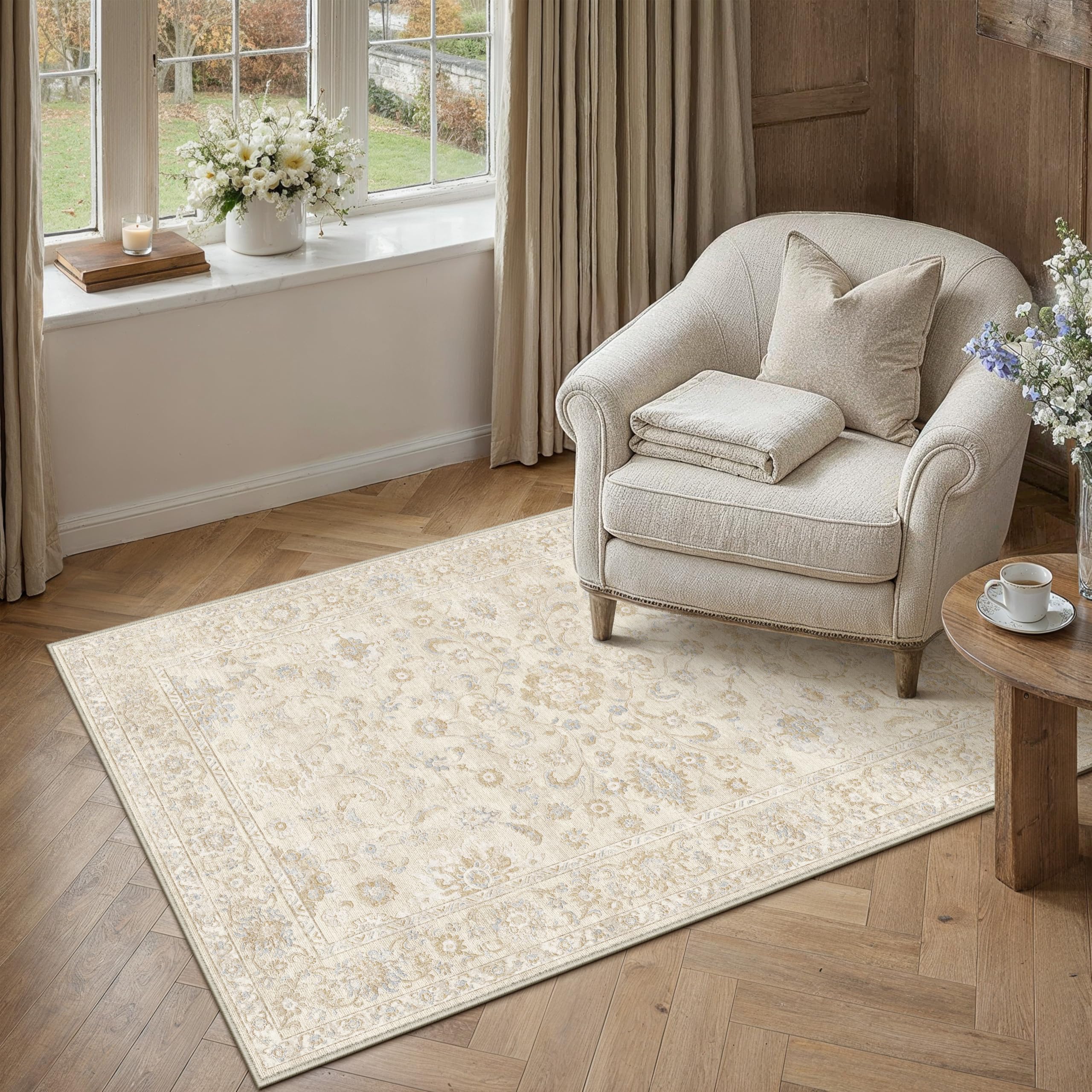 PureCozy Vintage Area Rugs for Living Room 80 x 150 cm Washable Non-Slip Soft Short Pile, Carpet for Children's Room, Bedroom, Dining Room, Office, Beige