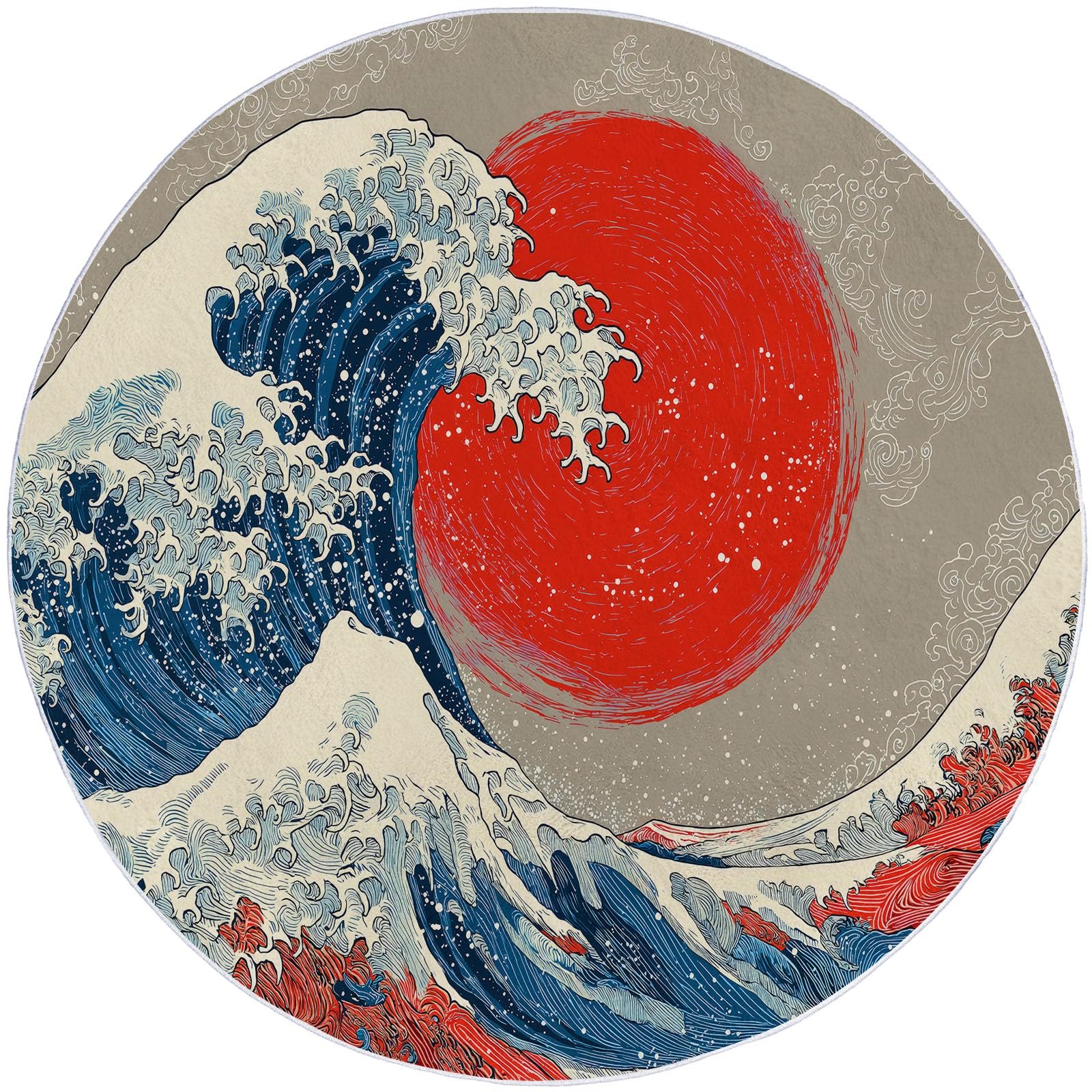 Générique Rond Tapis Japonais pour Salon, Salle à Manger, Chambre à Coucher, Tapis Rond à Poil Court Océan Vagues Soleil Antidérapant Fluffy 100 cm