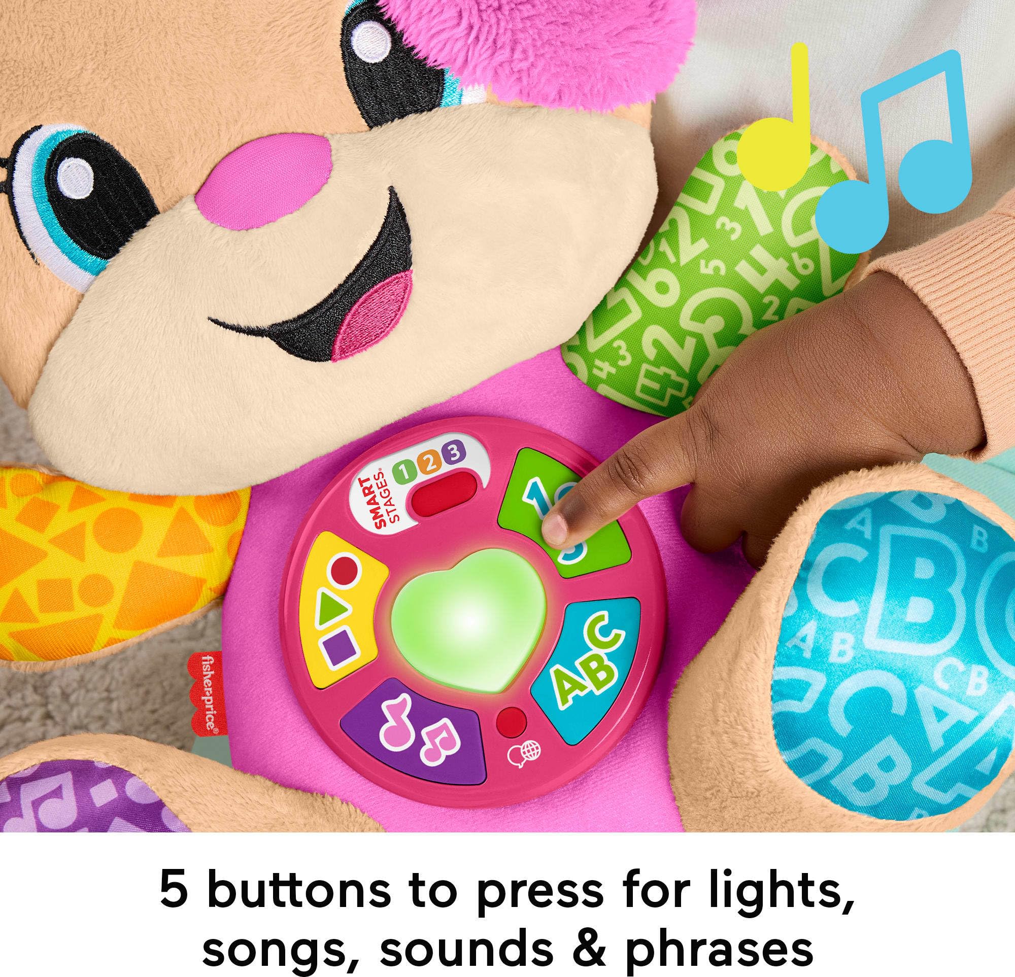 Fisher-Price Juguete Educativo para bebés riendo y aprendiendo escenarios Inteligentes, diseño de Peluche Musical Rosa con escenarios Inteligentes para bebés a Partir de 6 Meses, versión multilingüe