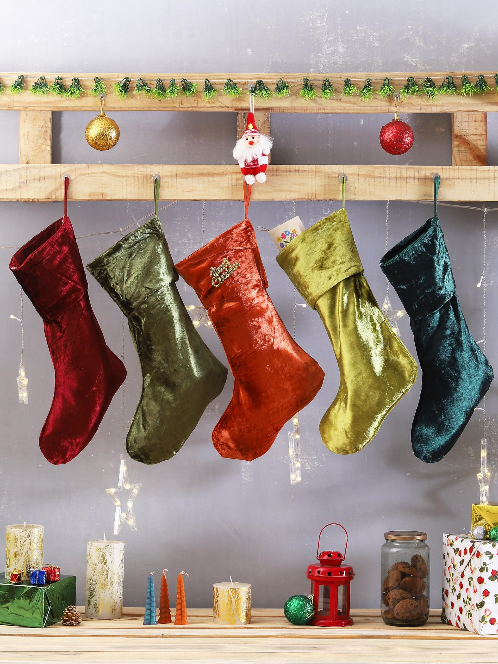 Weihnachts-Samtstrümpfe, 5 Stück, groß, 45,7 cm, Weihnachtsstrümpfe mit Aufhängeschlaufen, ästhetisch, rustikal, Weihnachtsdekoration für den Kamin