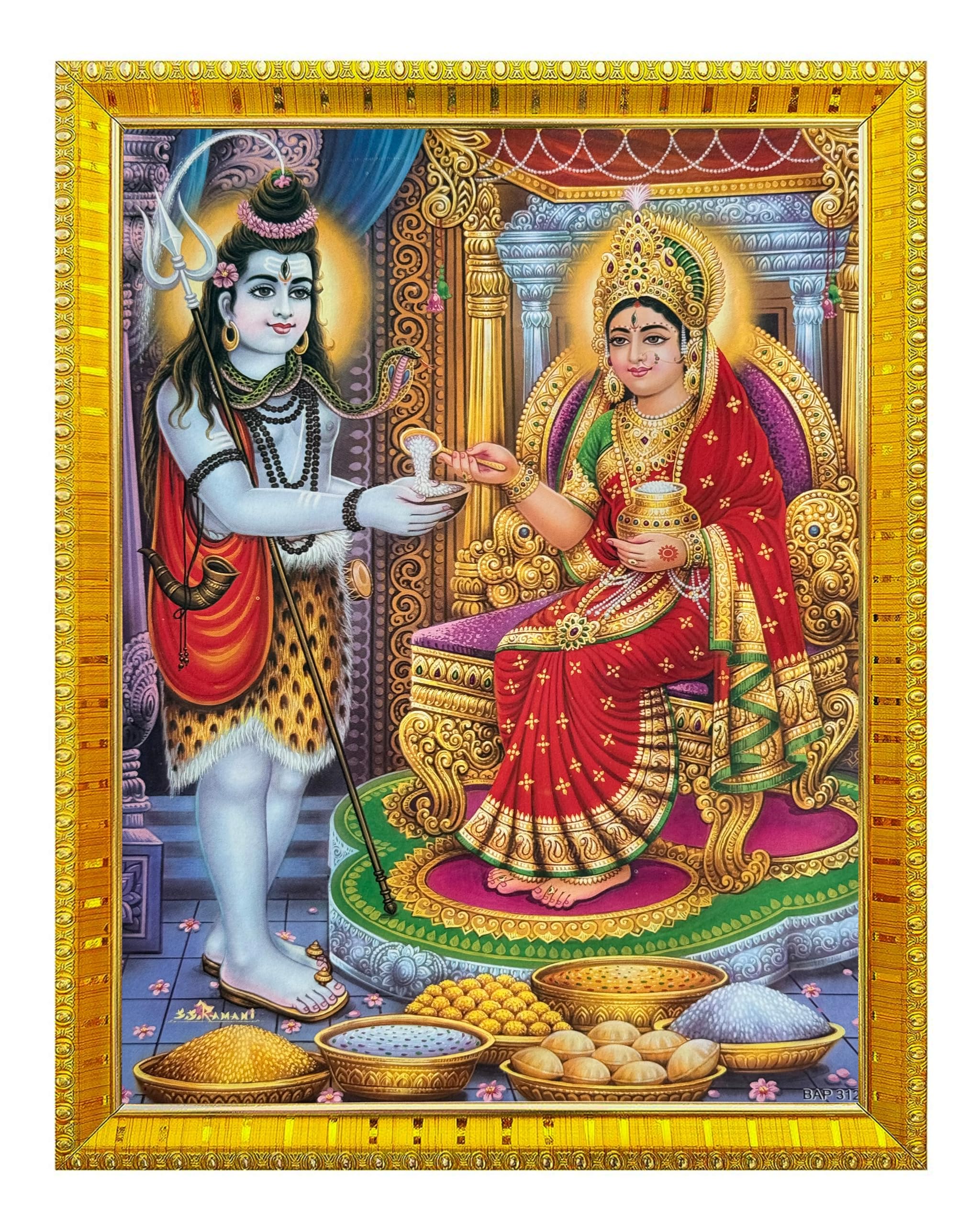 Koshtak Load Shiva & Maa Annapurna devi photo frame with Laminated Poster for puja room temple Worship/wall hanging/gift/home decor (30 x 23 cm)