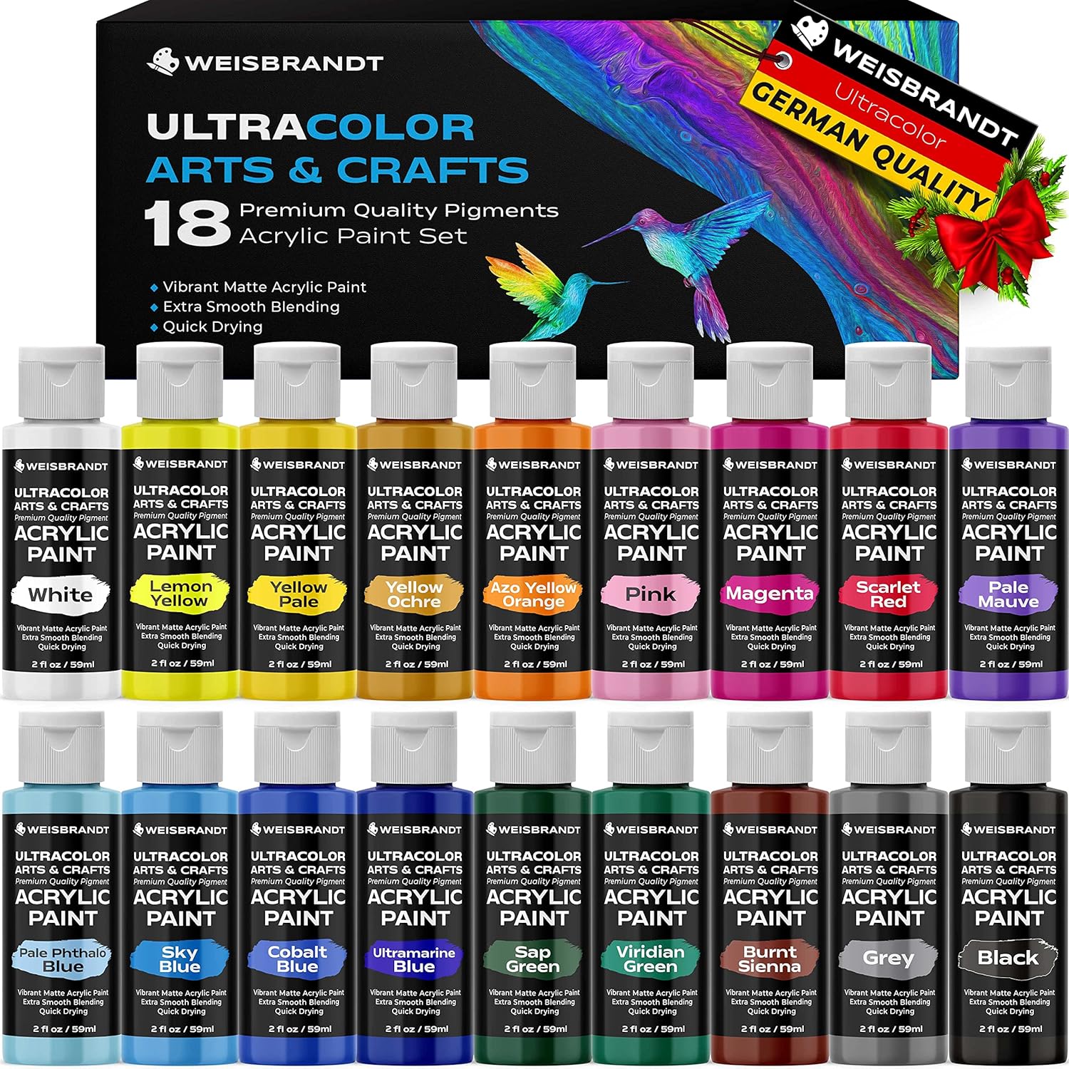 WEISBRANDT Ultra Color Arts & Crafts Acrylic Paint Set–18 Premium Quality Pigments, Matte Finish, 2oz/59 ml, Water-Based, For All Porous Surfaces : Arts, Crafts & Sewing