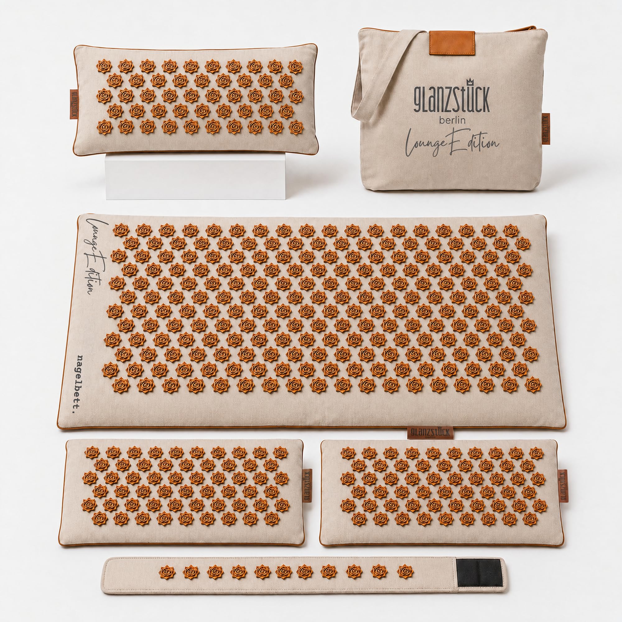 Glanzstück Berlin® Akupressurmatte XXL Lounge Edition – Set mit Hauptmatte 72 × 42 cm, 2 Modulen à 18 × 42 cm, Kissen & Tasche, ca. 9.350 Blütenspitzen für den Ganzkörper